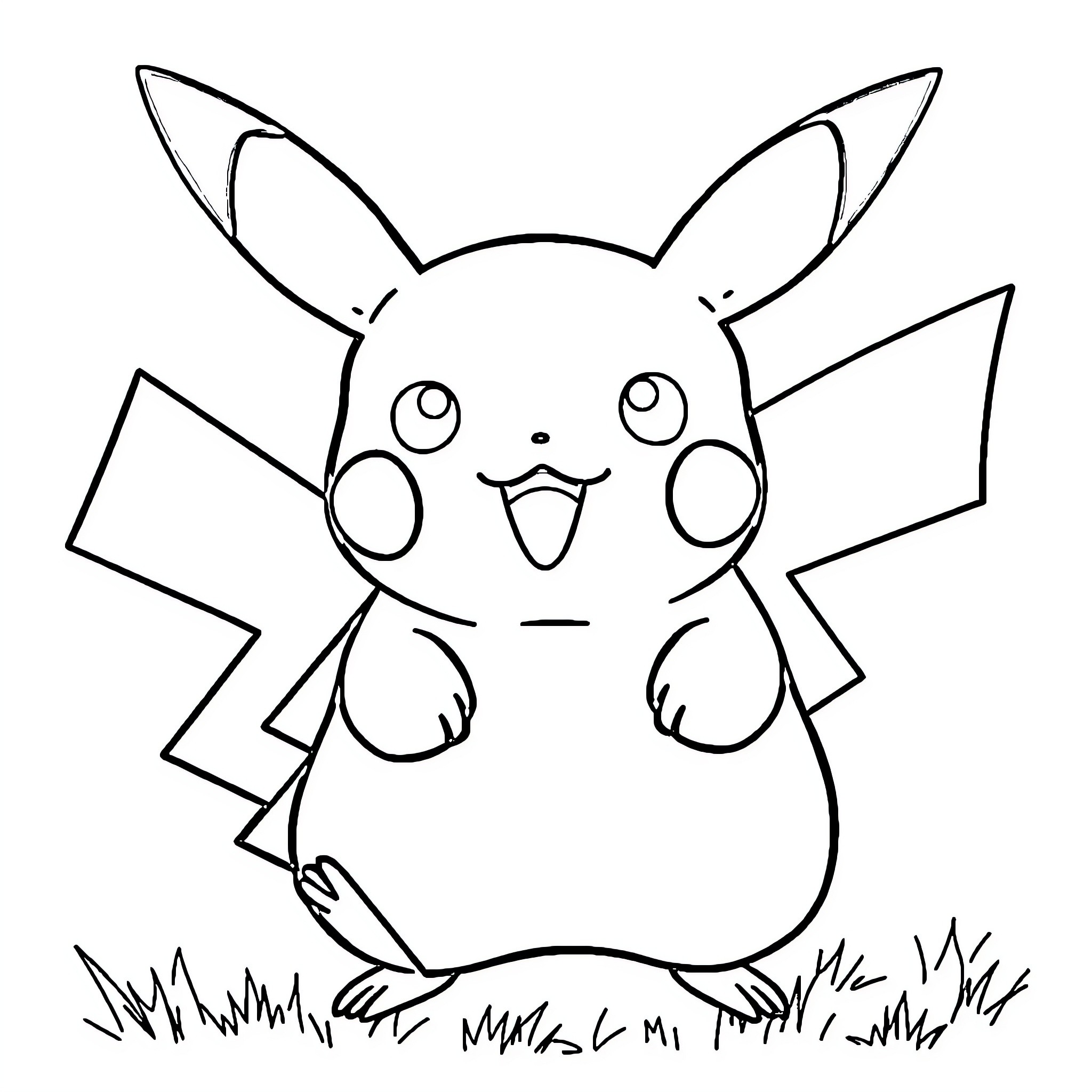 Pikachu playing happily in the grass Coloring Page (free black-and-white line drawing printable PDF for all, from beginners to advanced learners, including children, teens, adults, and seniors)
