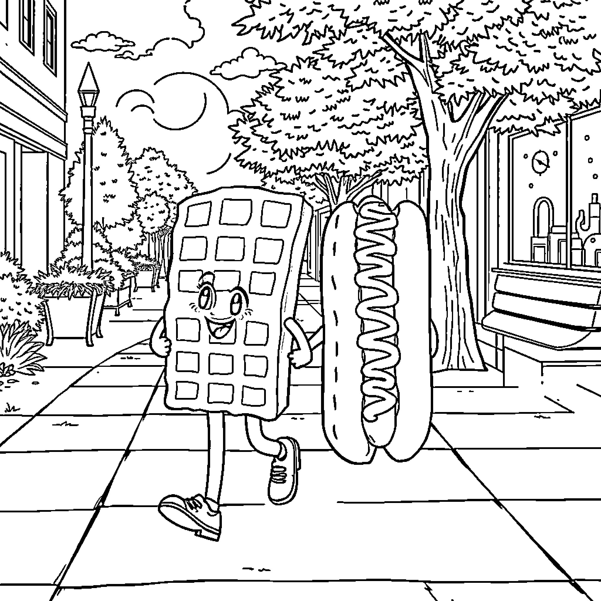 Waffle figure strolling through a whimsical town scene Coloring Page (free black-and-white line drawing printable PDF for all, from beginners to advanced learners, including children, teens, adults, and seniors)