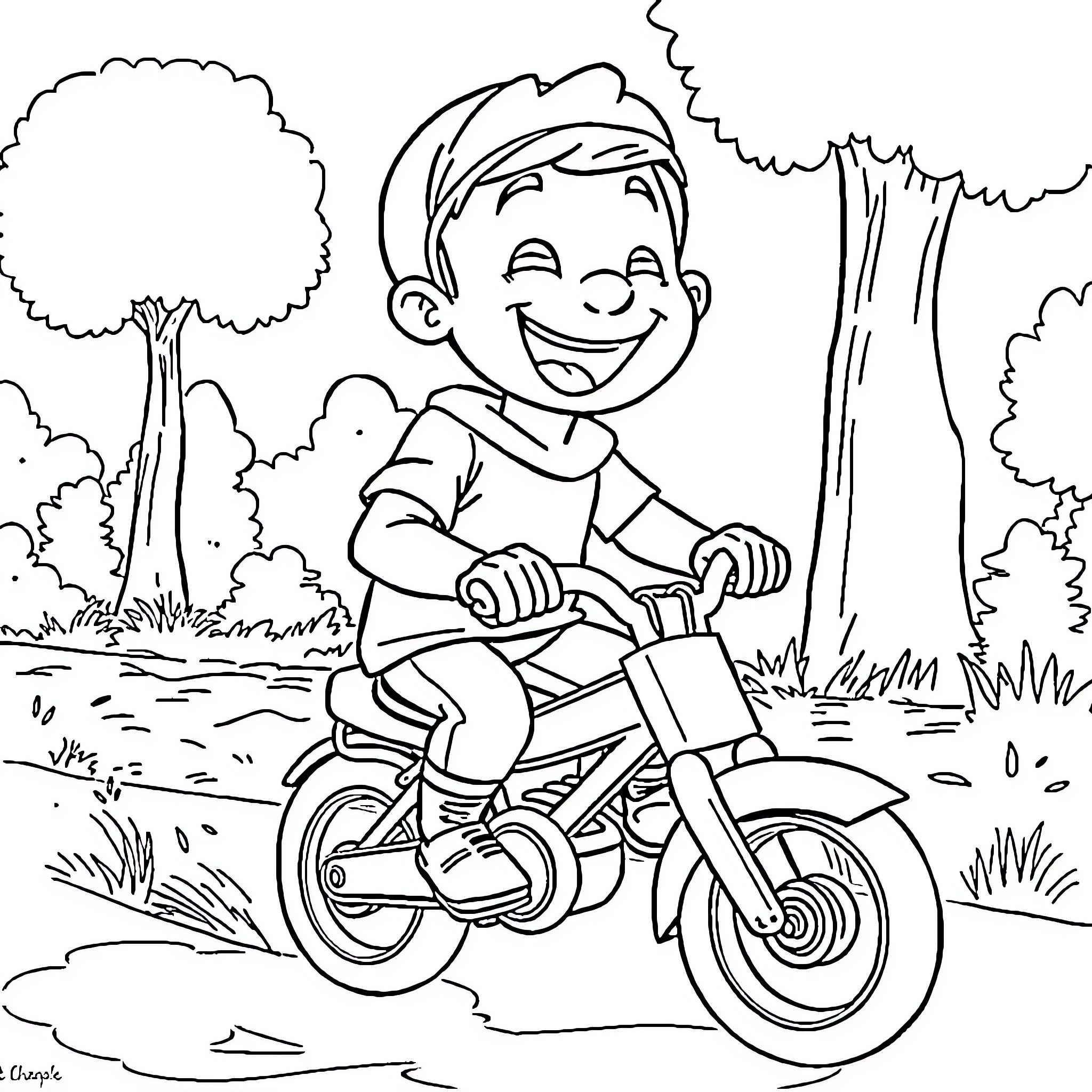 Hasbulla riding a motorcycle happily in the park Coloring Page (free black-and-white line drawing printable PDF for all, from beginners to advanced learners, including children, teens, adults, and seniors)