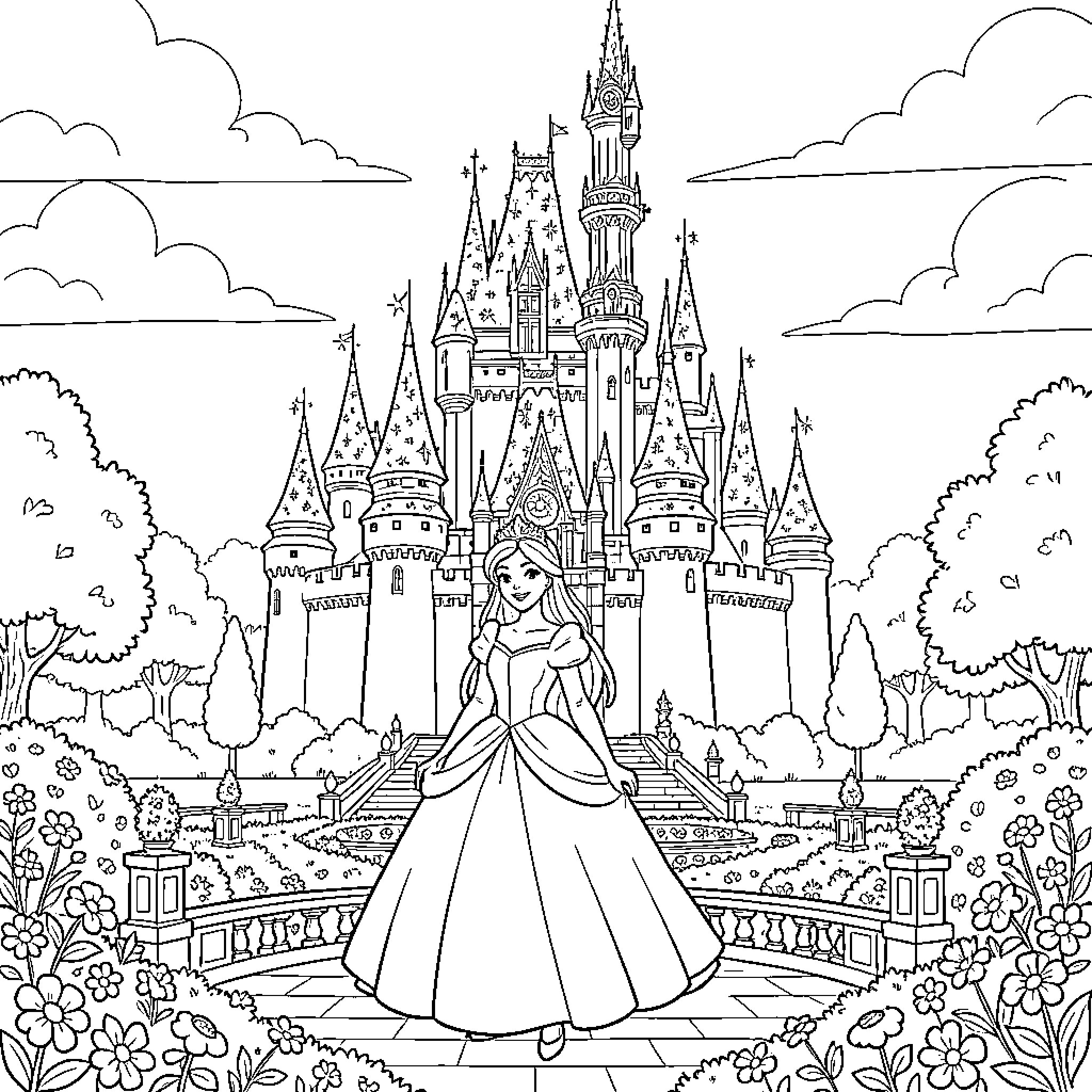 Disney Princess in a grand castle landscape Coloring Page (free black-and-white line drawing printable PDF for all, from beginners to advanced learners, including children, teens, adults, and seniors)