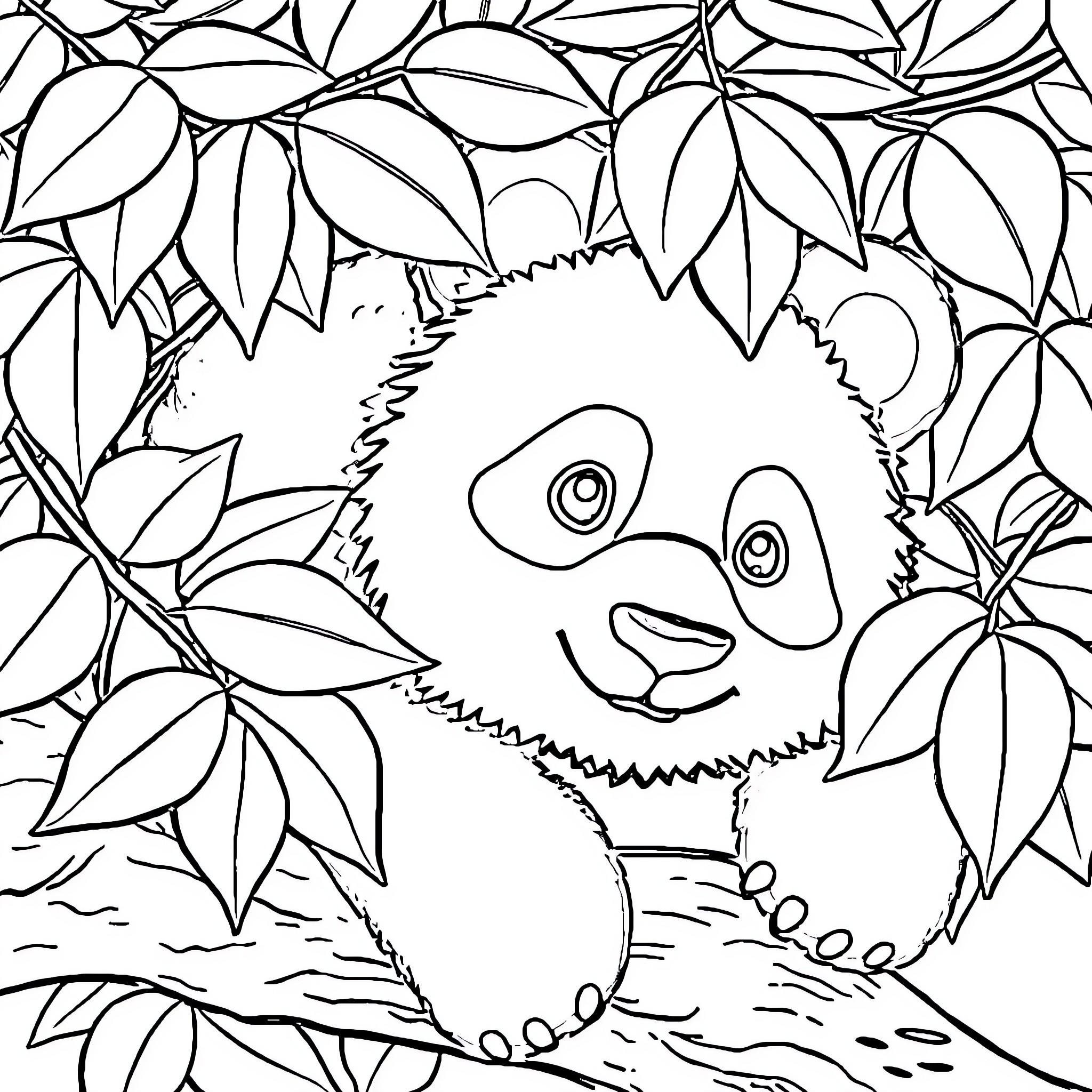 Panda hiding in the leaves Coloring Page (free black-and-white line drawing printable PDF for all, from beginners to advanced learners, including children, teens, adults, and seniors)