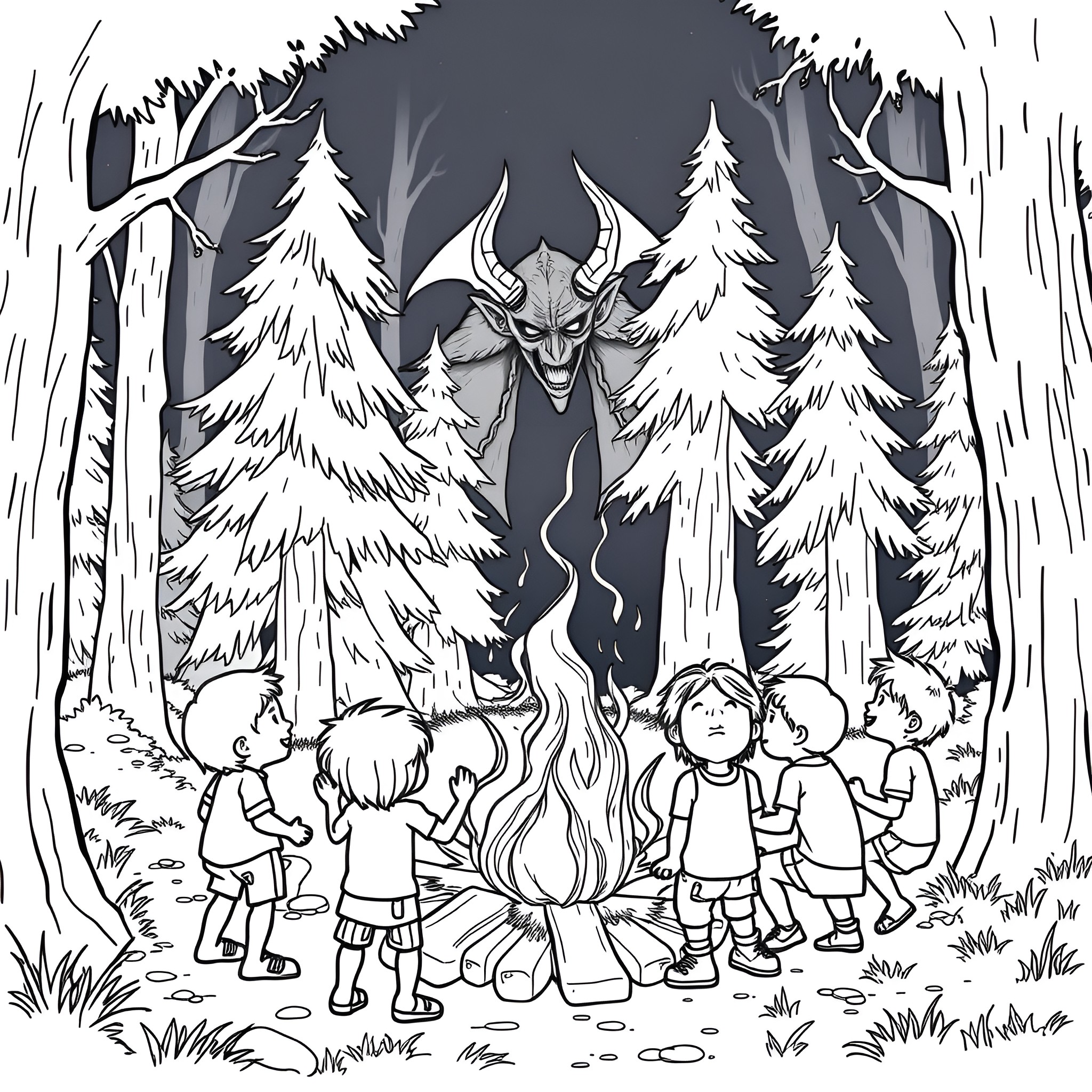 Demon Emerges from the Haunted Forest Coloring Page (free black-and-white line drawing printable PDF for all, from beginners to advanced learners, including children, teens, adults, and seniors)