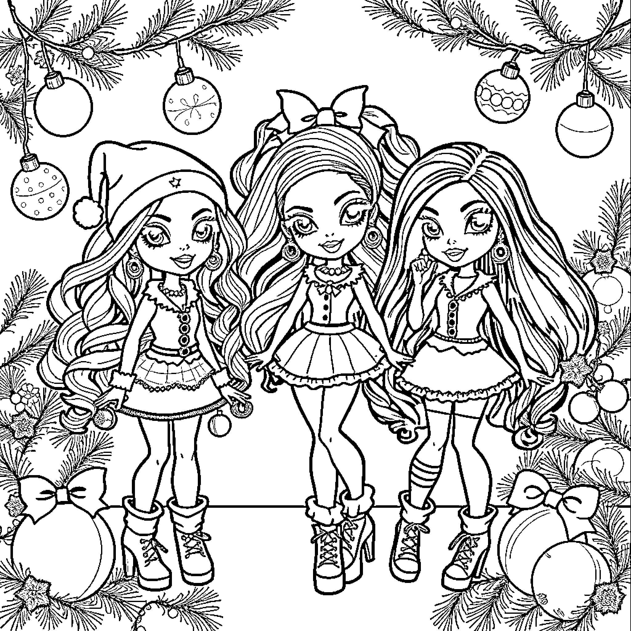 Bratz dolls celebrating Christmas with festive outfits Coloring Page (free black-and-white line drawing printable PDF for all, from beginners to advanced learners, including children, teens, adults, and seniors)