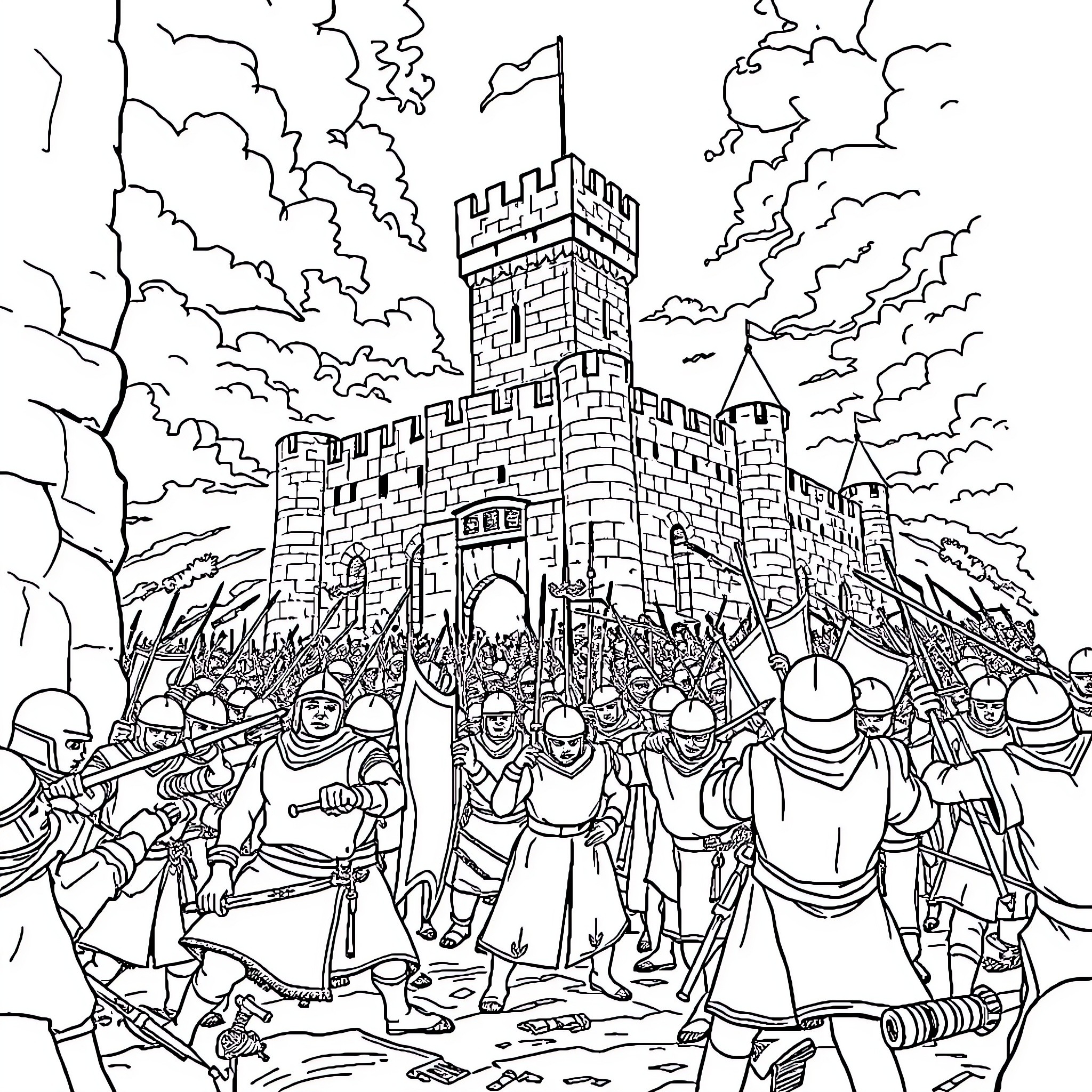 Castle under siege with soldiers and warfare Coloring Page (free black-and-white line drawing printable PDF for all, from beginners to advanced learners, including children, teens, adults, and seniors)