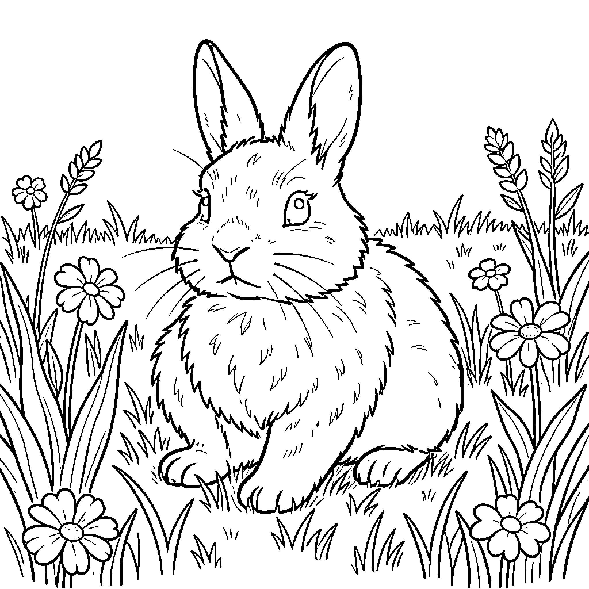 Rabbit amongst flowers and plants Coloring Page (free black-and-white line drawing printable PDF for all, from beginners to advanced learners, including children, teens, adults, and seniors)