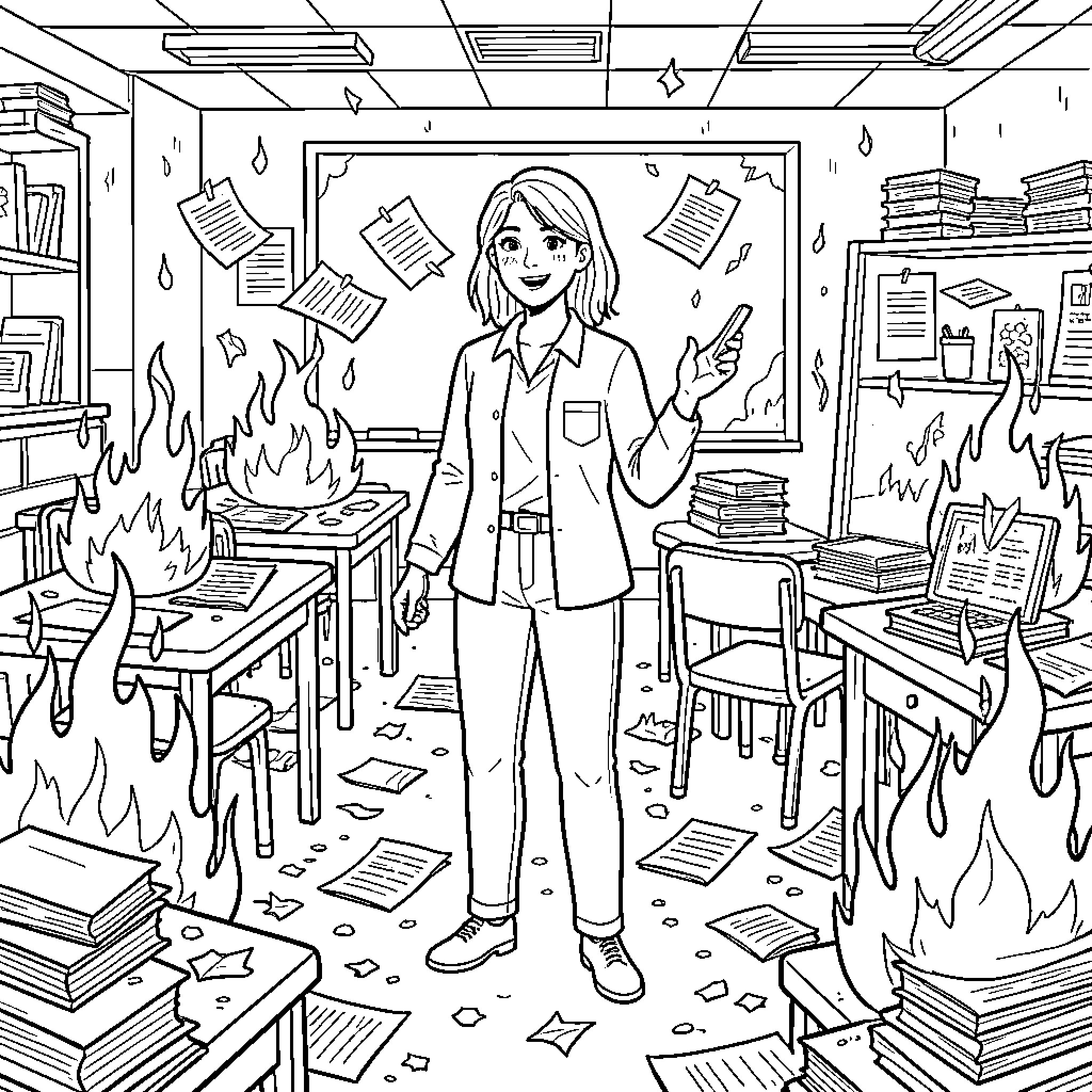 Teacher dealing with chaotic classroom Coloring Page (free black-and-white line drawing printable PDF for all, from beginners to advanced learners, including children, teens, adults, and seniors)
