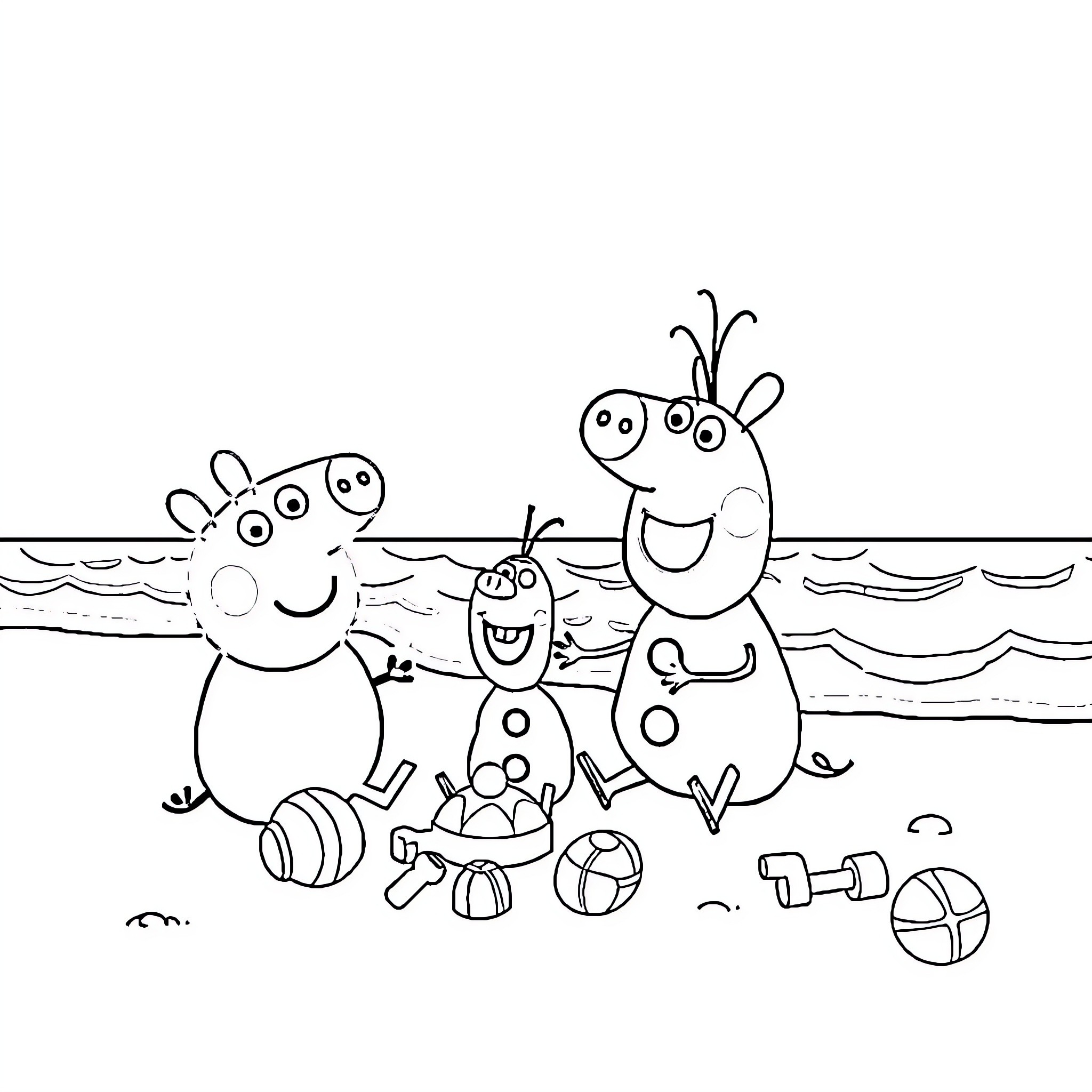Peppa Pig's Family Fun at the Beach Coloring Page (free black-and-white line drawing printable PDF for all, from beginners to advanced learners, including children, teens, adults, and seniors)