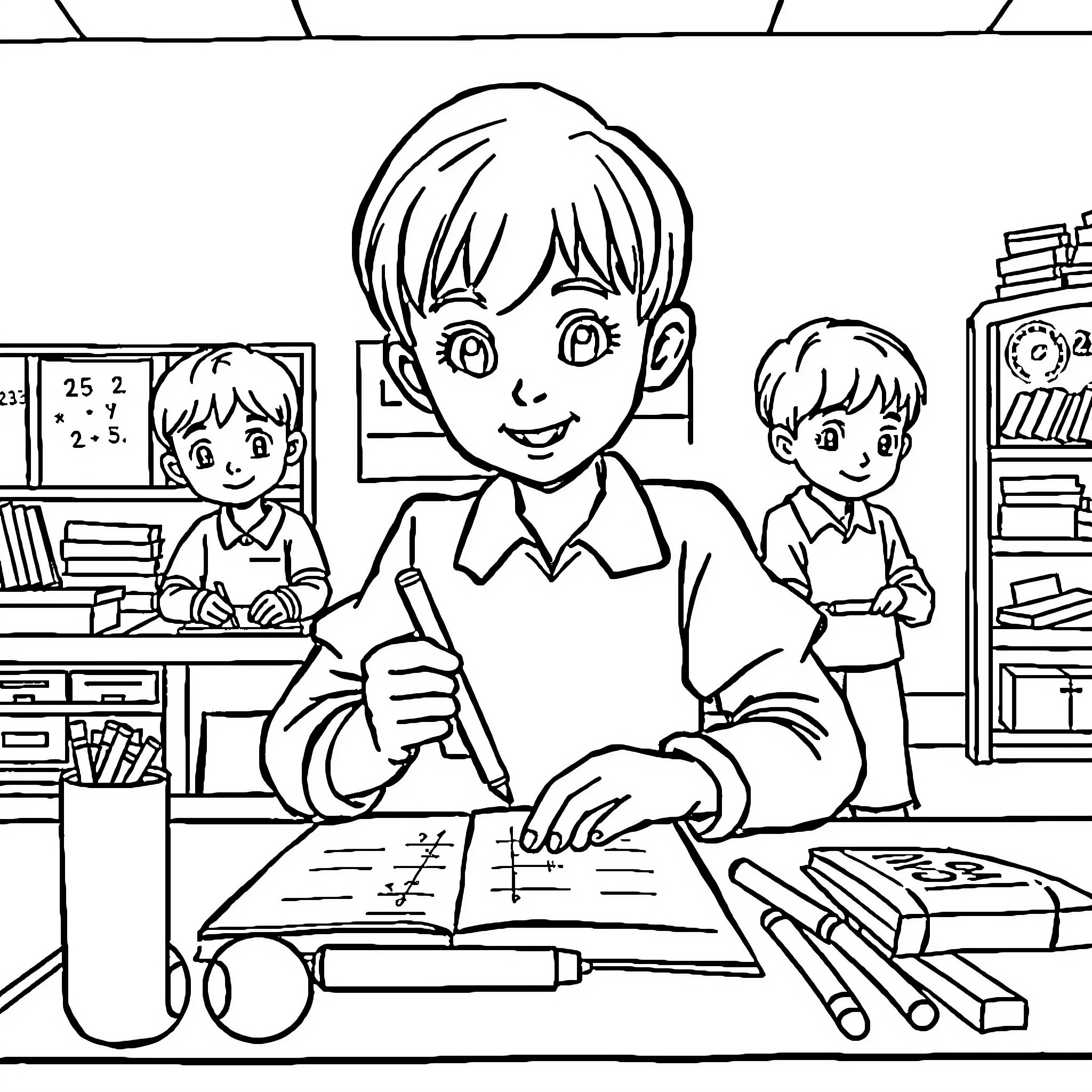 Mathematics lesson with students in classroom Coloring Page (free black-and-white line drawing printable PDF for all, from beginners to advanced learners, including children, teens, adults, and seniors)