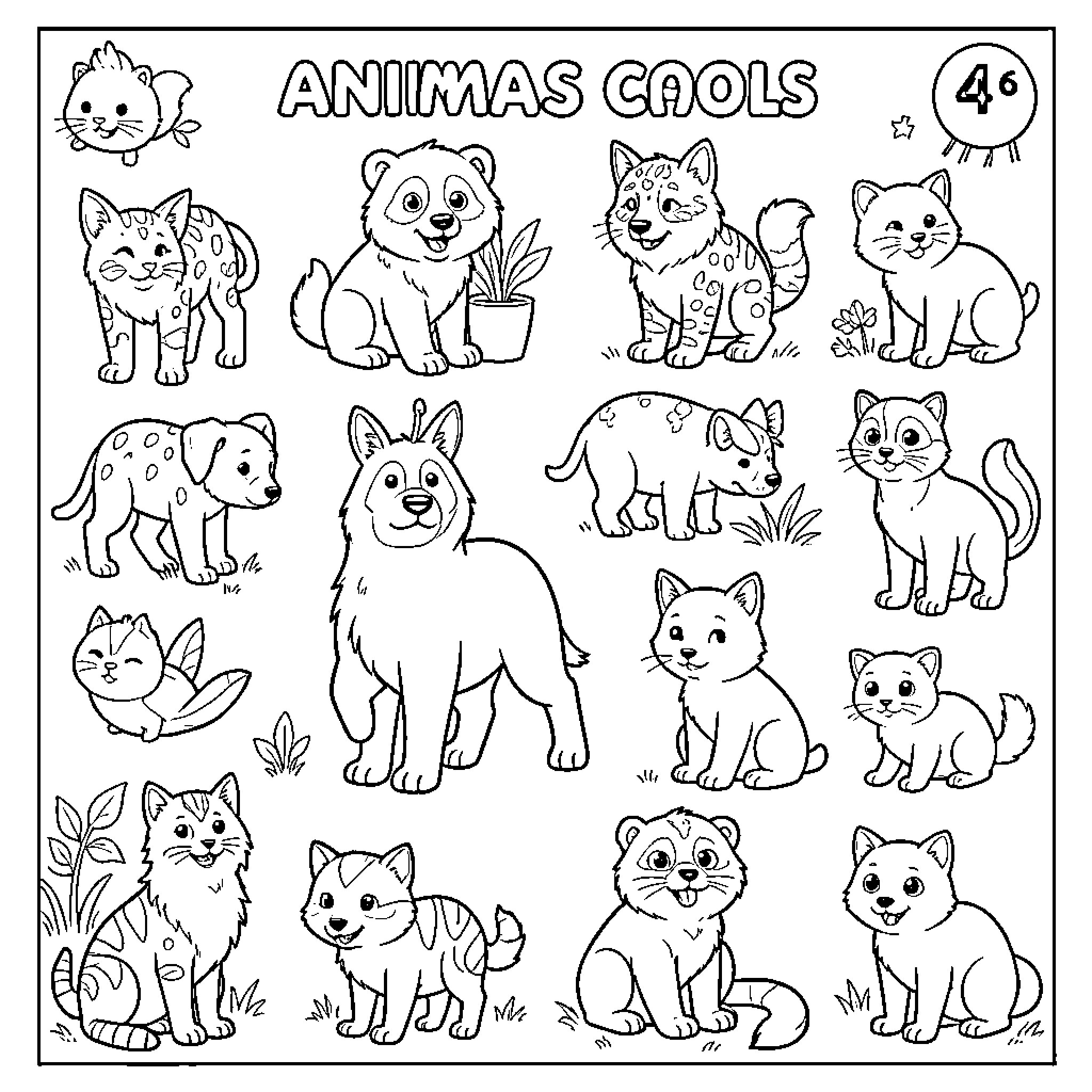 Animal Cartoon Cats in Various Poses Coloring Page (free black-and-white line drawing printable PDF for all, from beginners to advanced learners, including children, teens, adults, and seniors)