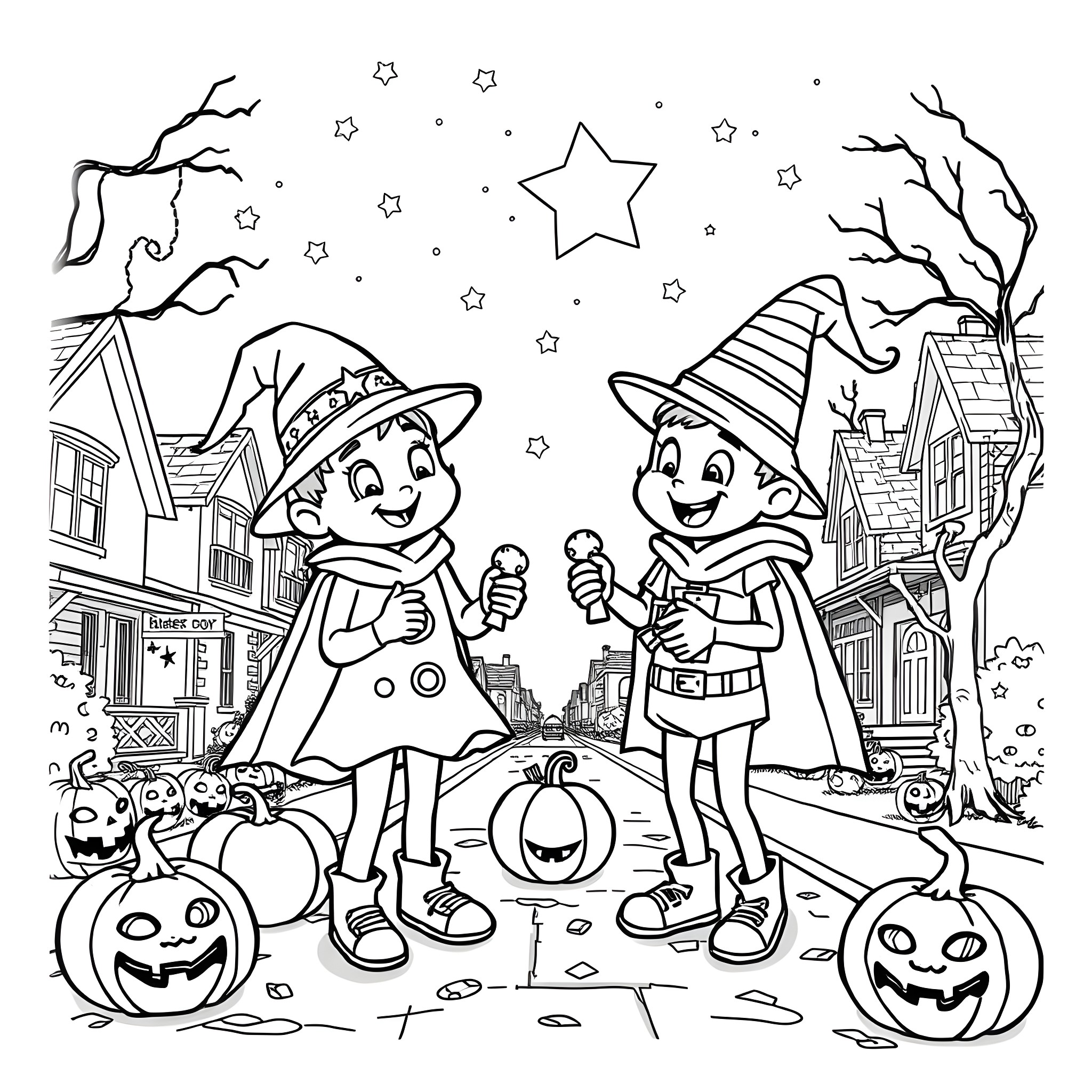 Bluey and Bingo enjoying Halloween festivities Coloring Page (free black-and-white line drawing printable PDF for all, from beginners to advanced learners, including children, teens, adults, and seniors)