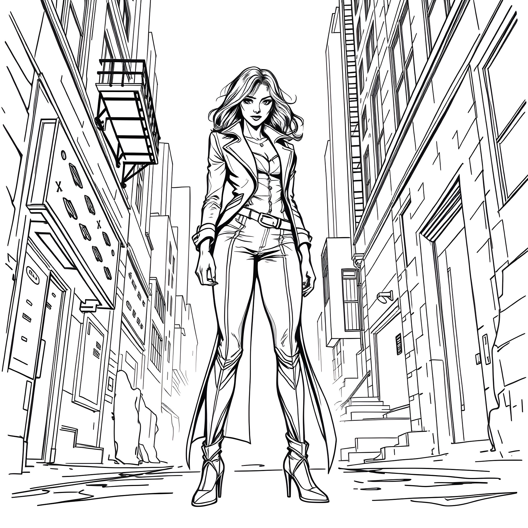 Woman posing confidently in urban city street Coloring Page (free black-and-white line drawing printable PDF for all, from beginners to advanced learners, including children, teens, adults, and seniors)