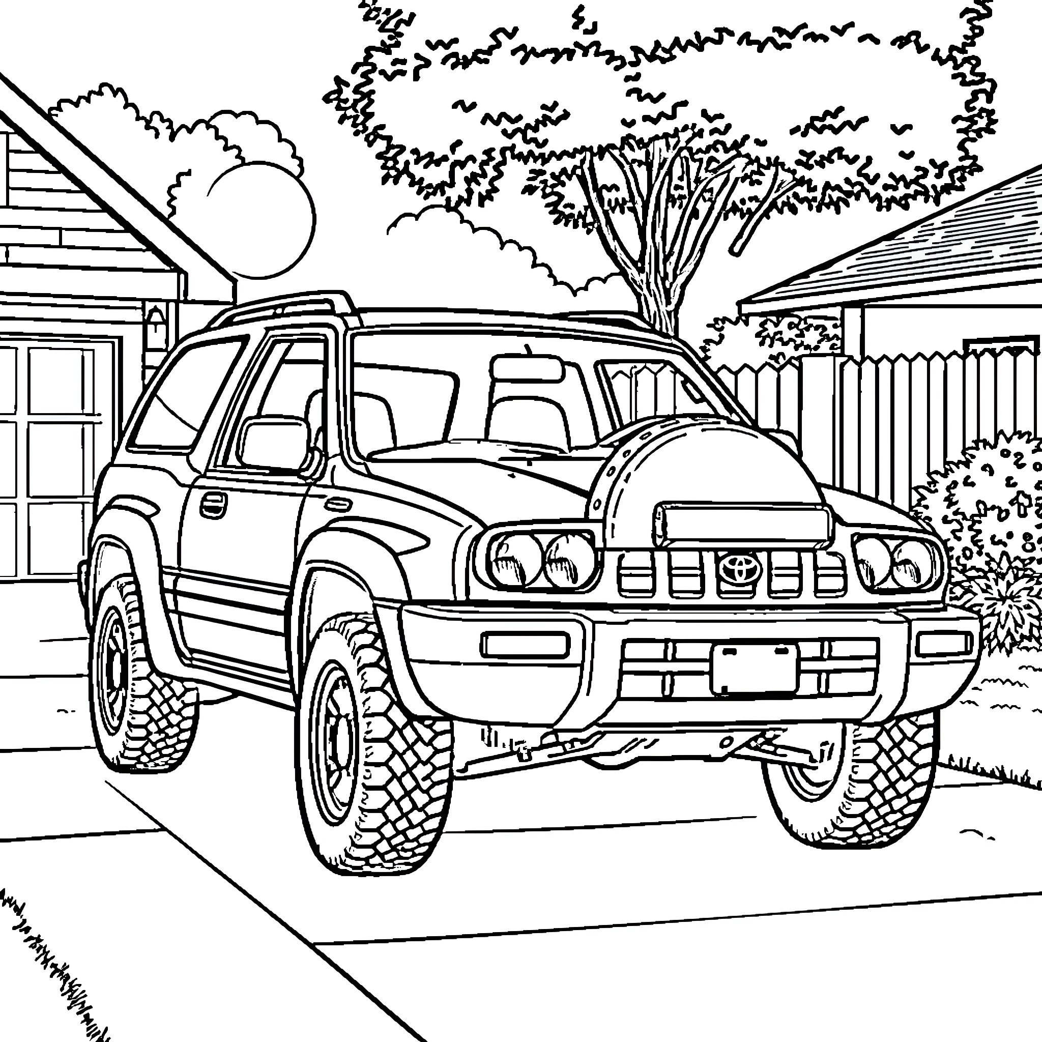 Toyota Rav 4 off-road adventure in the countryside Coloring Page (free black-and-white line drawing printable PDF for all, from beginners to advanced learners, including children, teens, adults, and seniors)
