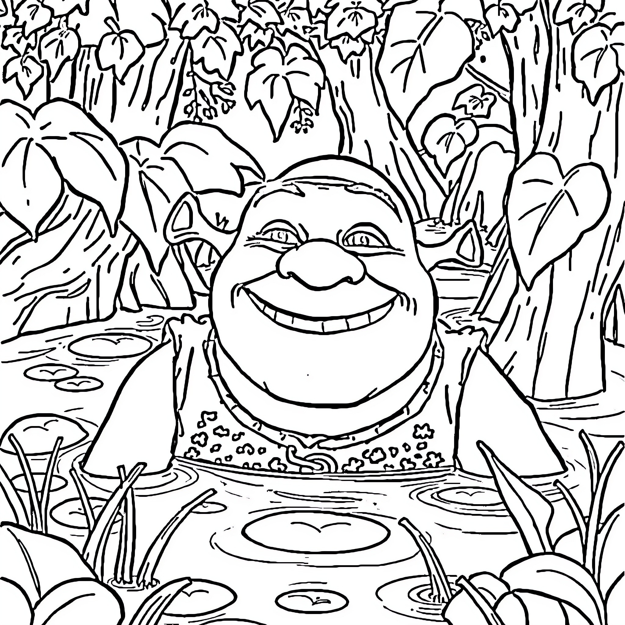 Shrek enjoying the nature in a whimsical setting Coloring Page (free black-and-white line drawing printable PDF for all, from beginners to advanced learners, including children, teens, adults, and seniors)