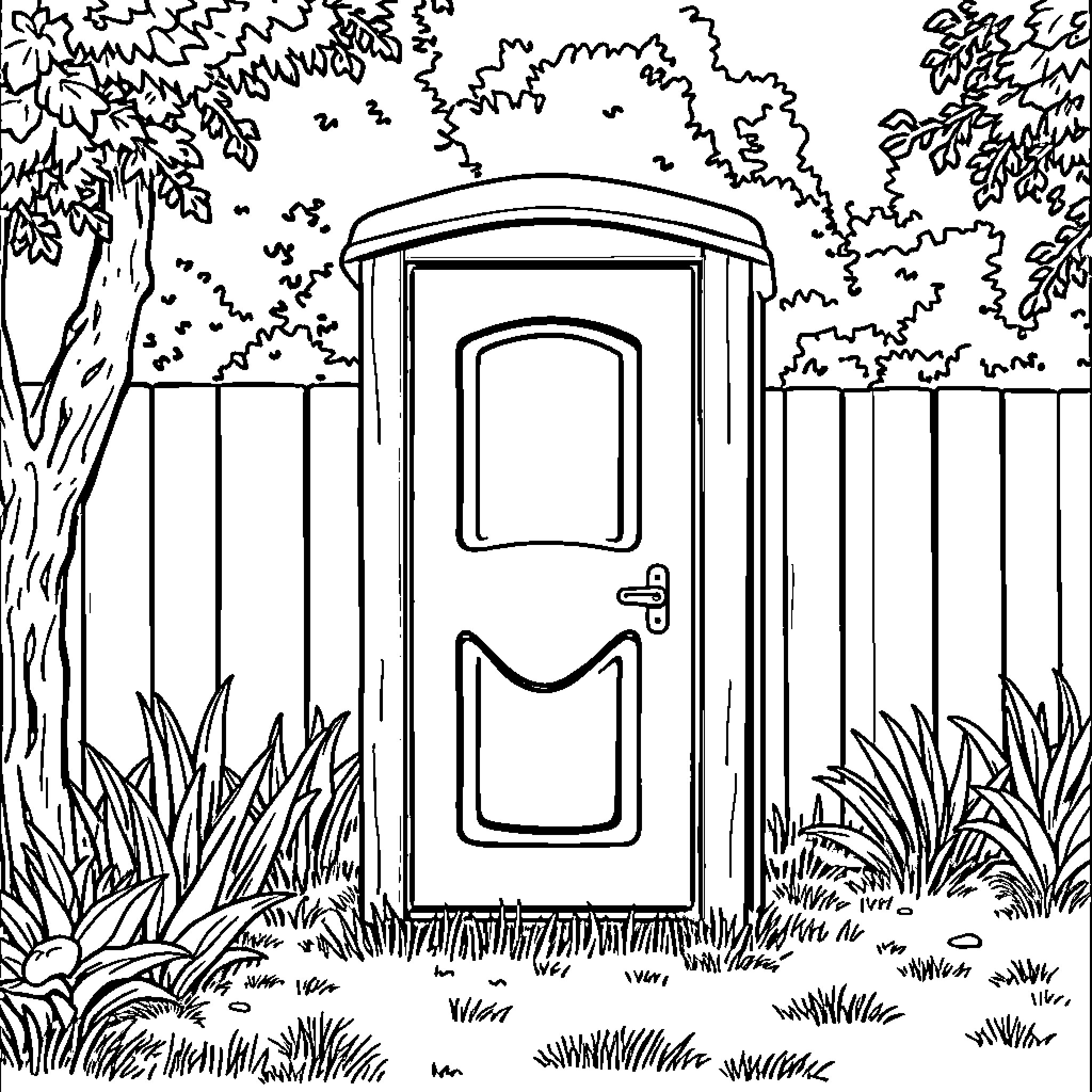 Toilet in the Woods Coloring Page (free black-and-white line drawing printable PDF for all, from beginners to advanced learners, including children, teens, adults, and seniors)