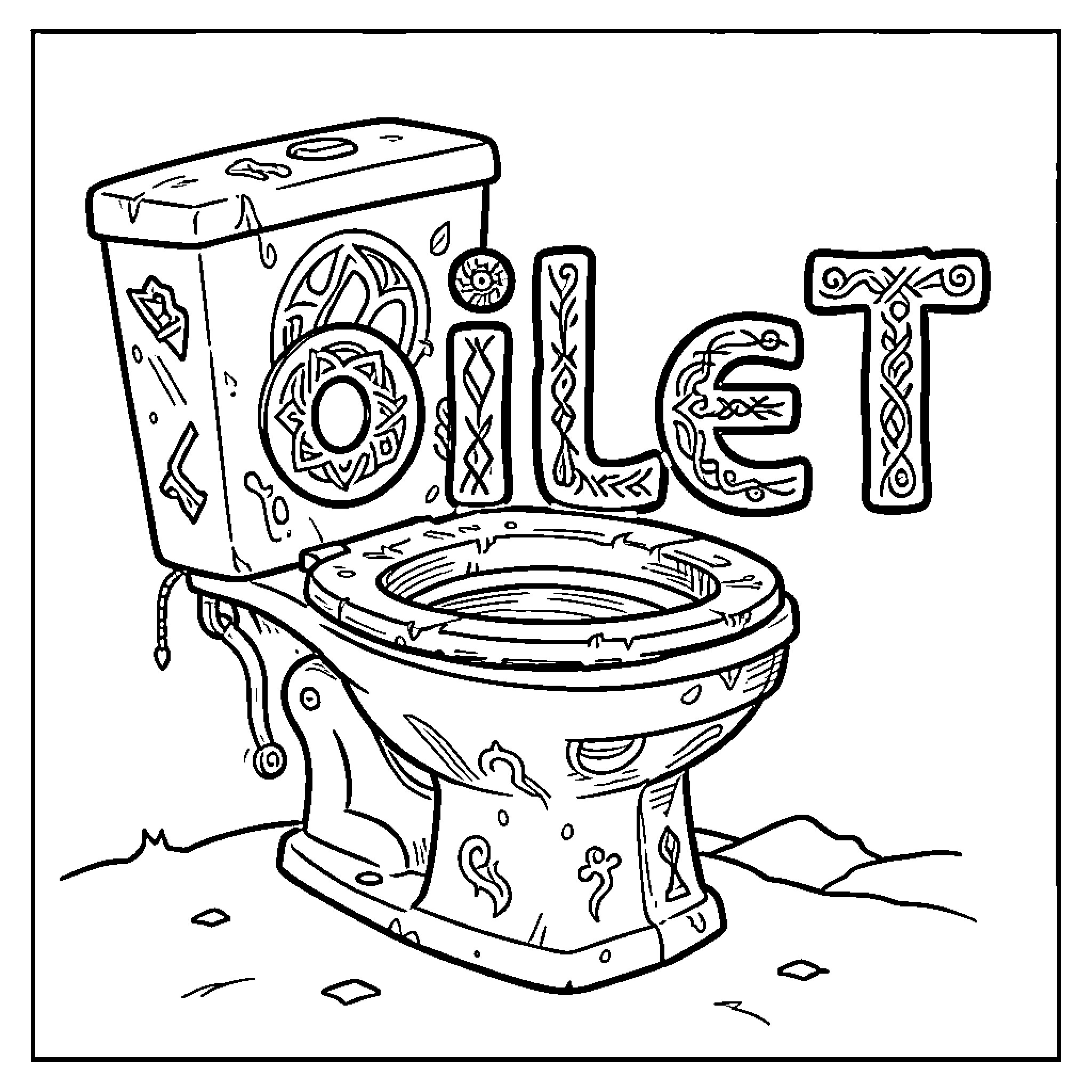 Toilet with ornate decorative patterns and artistic lettering Coloring Page (free black-and-white line drawing printable PDF for all, from beginners to advanced learners, including children, teens, adults, and seniors)