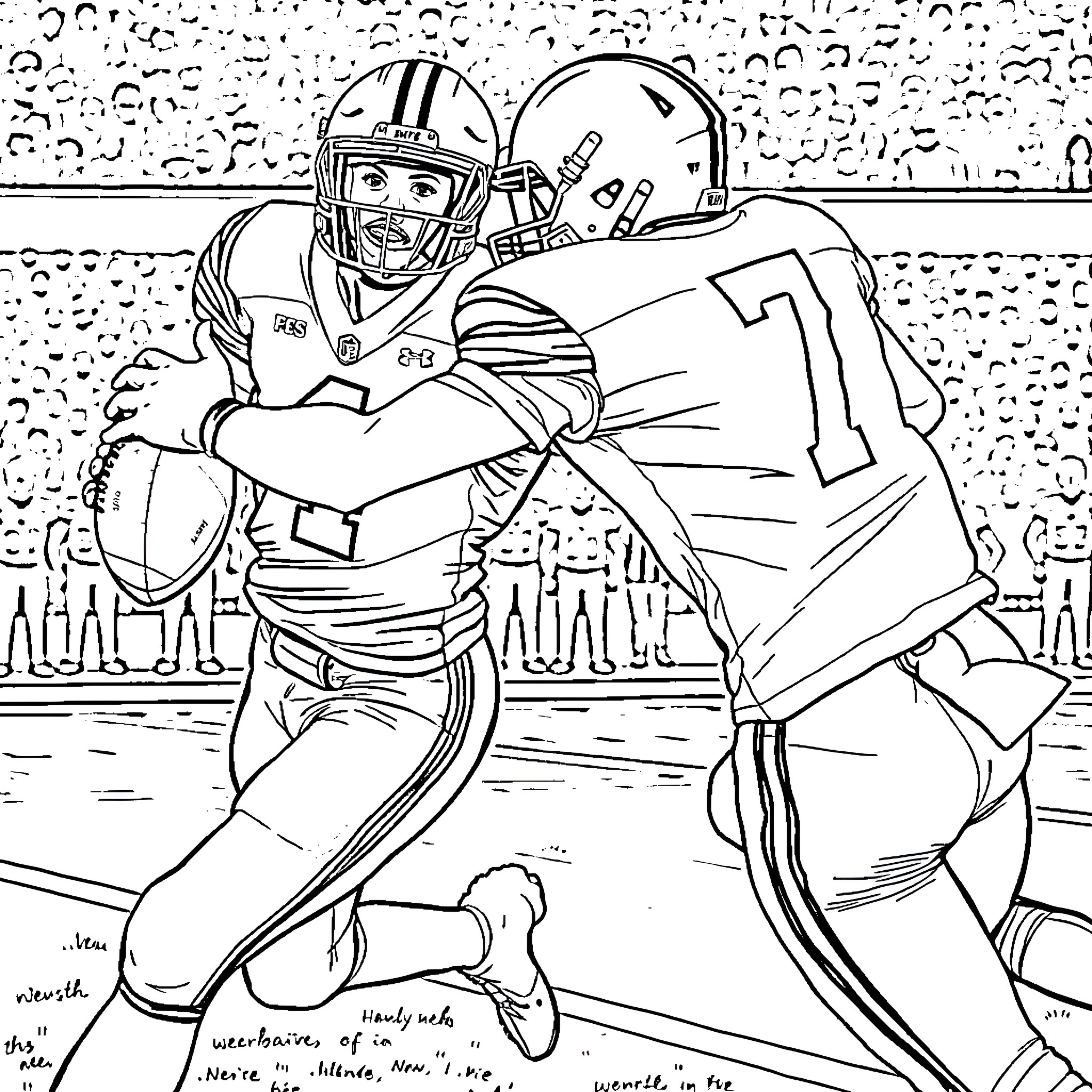 Football players in intense competition on the field Coloring Page (free black-and-white line drawing printable PDF for all, from beginners to advanced learners, including children, teens, adults, and seniors)