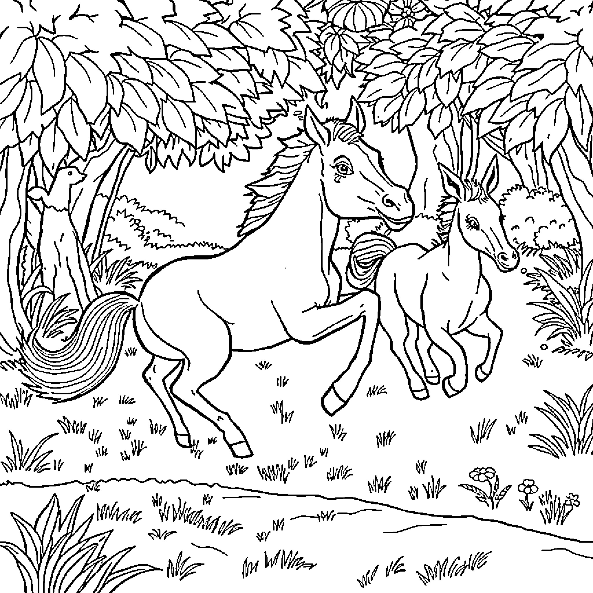 Animal Horses running freely in the forest Coloring Page (free black-and-white line drawing printable PDF for all, from beginners to advanced learners, including children, teens, adults, and seniors)