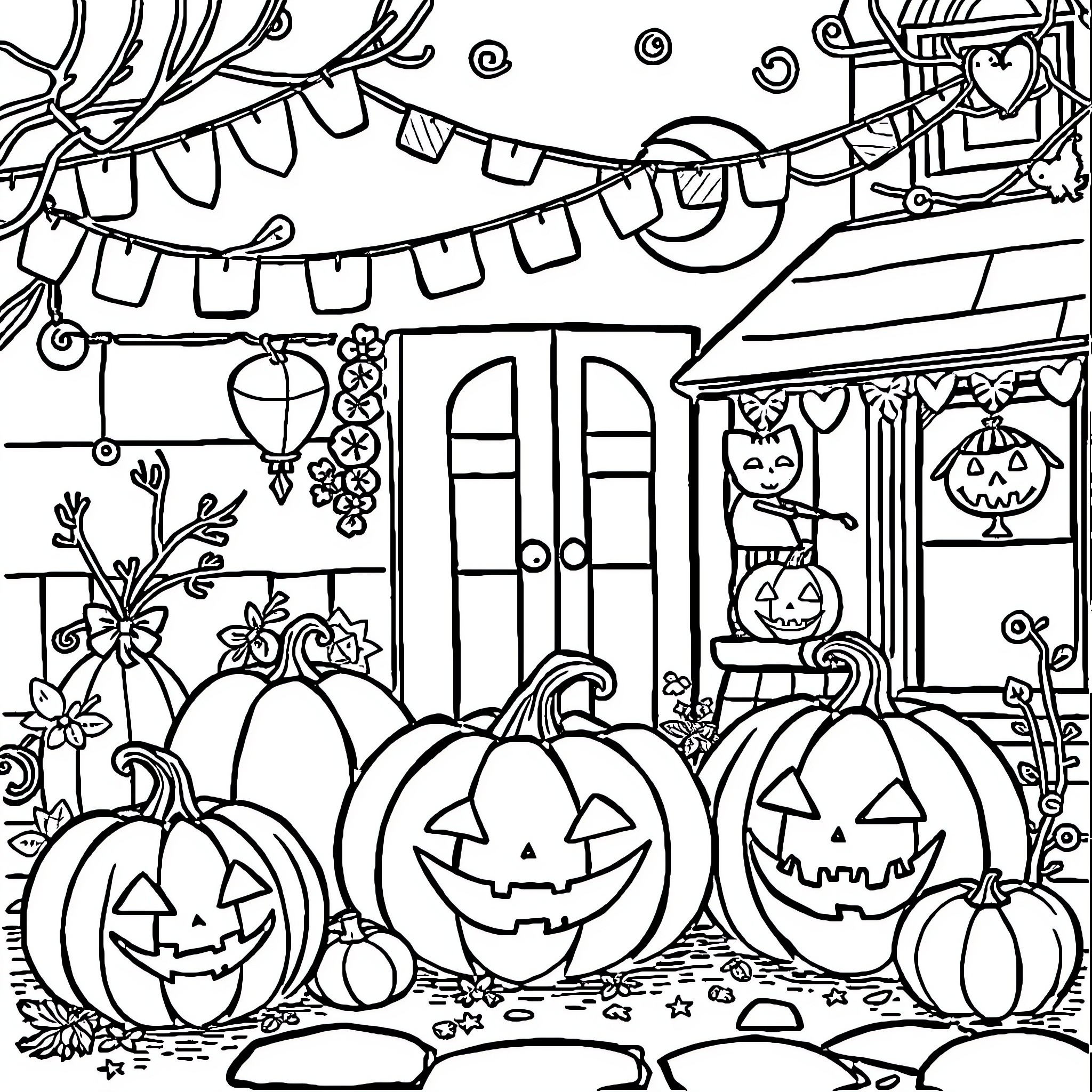 Halloween Decorations and Pumpkins on a Festive Street Coloring Page (free black-and-white line drawing printable PDF for all, from beginners to advanced learners, including children, teens, adults, and seniors)