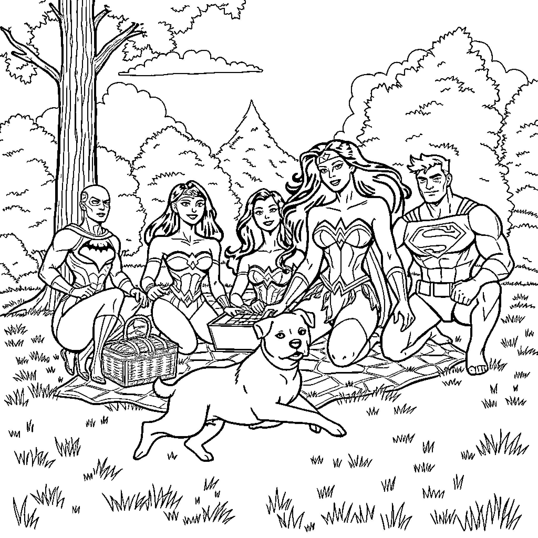Wonder Woman and Justice League Picnic in Nature Coloring Page (free black-and-white line drawing printable PDF for all, from beginners to advanced learners, including children, teens, adults, and seniors)