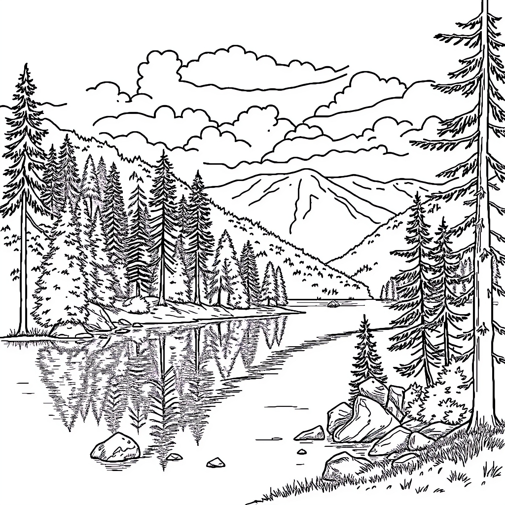 Lake scene with mountain and forest landscape Coloring Page (free black-and-white line drawing printable PDF for all, from beginners to advanced learners, including children, teens, adults, and seniors)