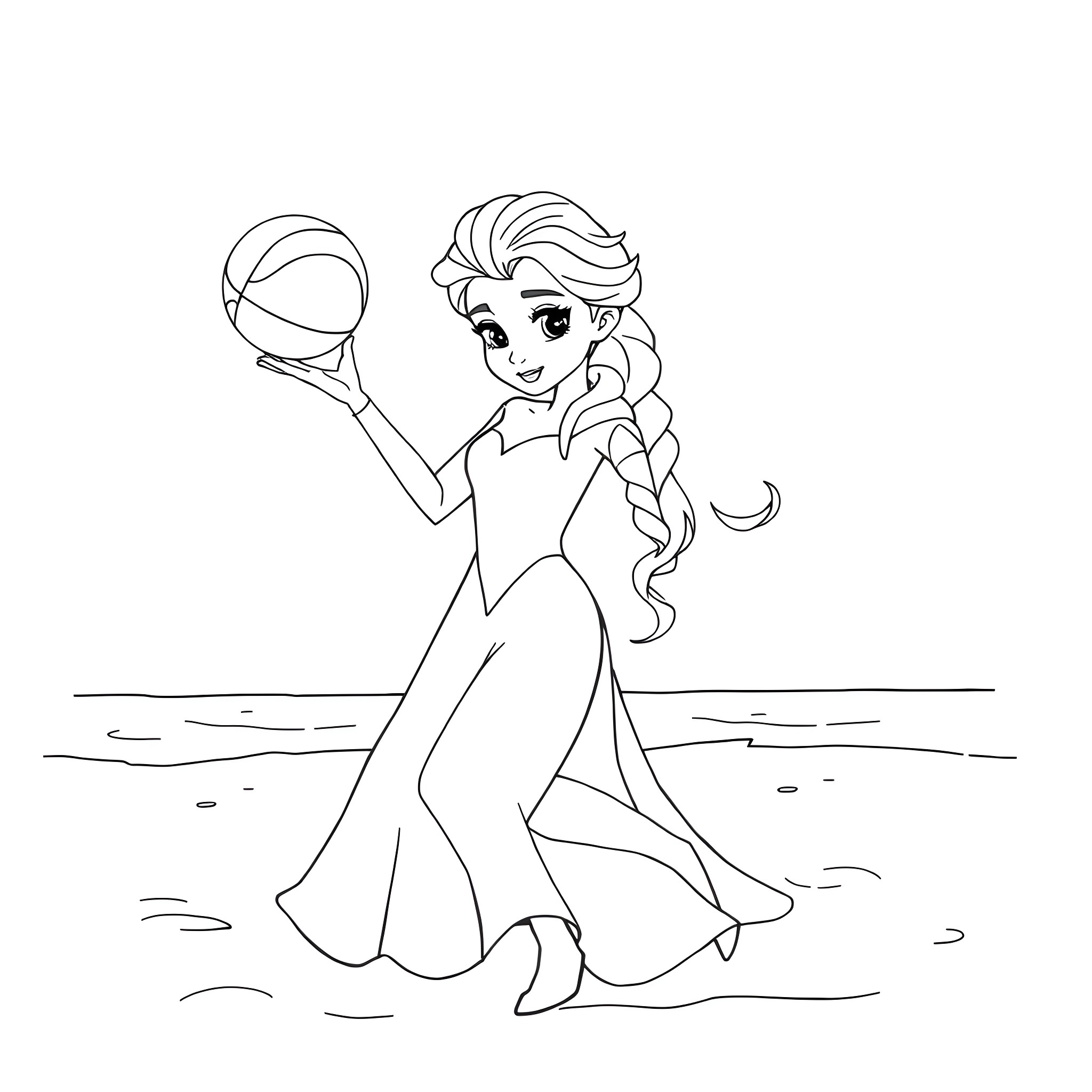 Elsa playing with a beach ball Coloring Page (free black-and-white line drawing printable PDF for all, from beginners to advanced learners, including children, teens, adults, and seniors)