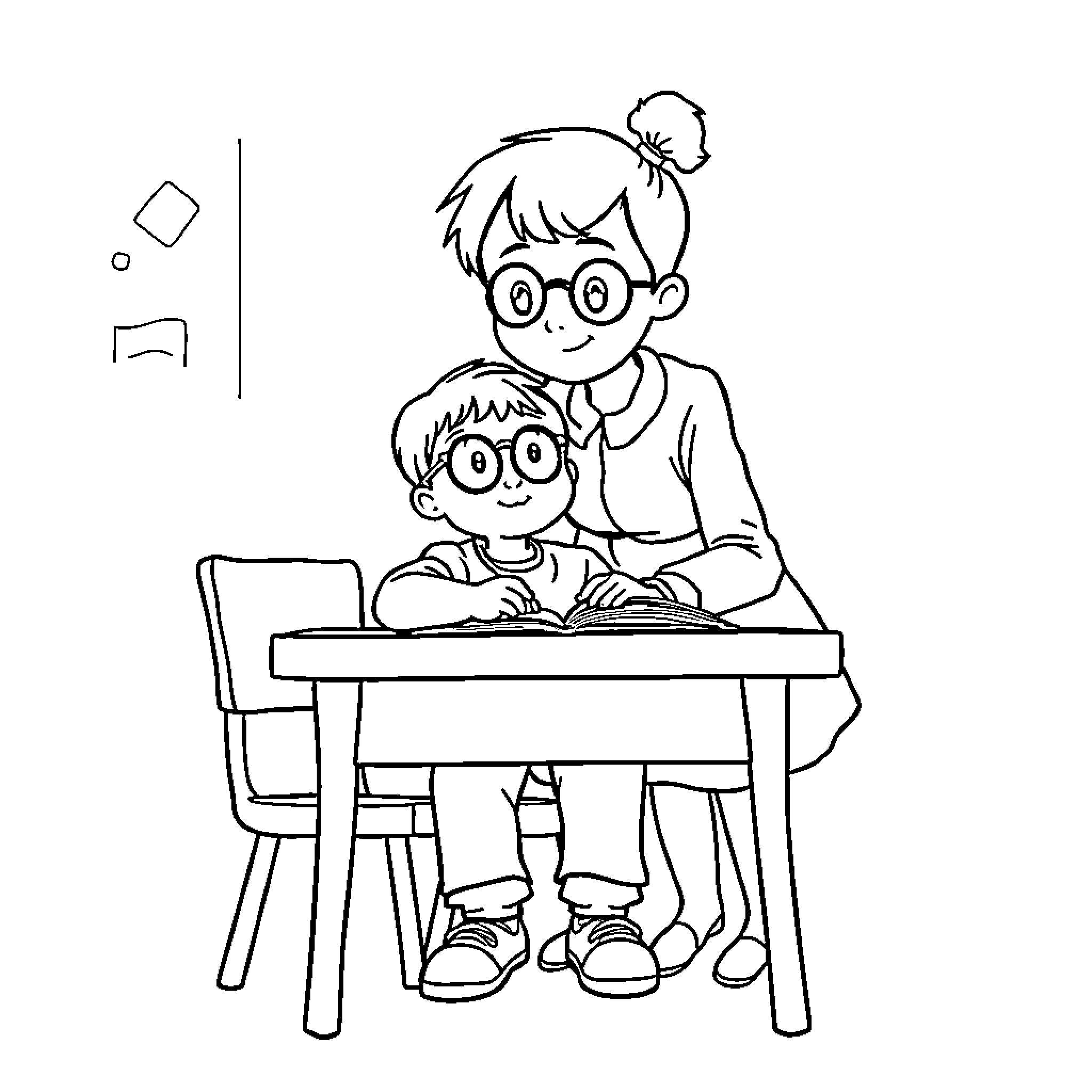 Boy Helping Younger Boy with Schoolwork at Desk Coloring Page (free black-and-white line drawing printable PDF for all, from beginners to advanced learners, including children, teens, adults, and seniors)
