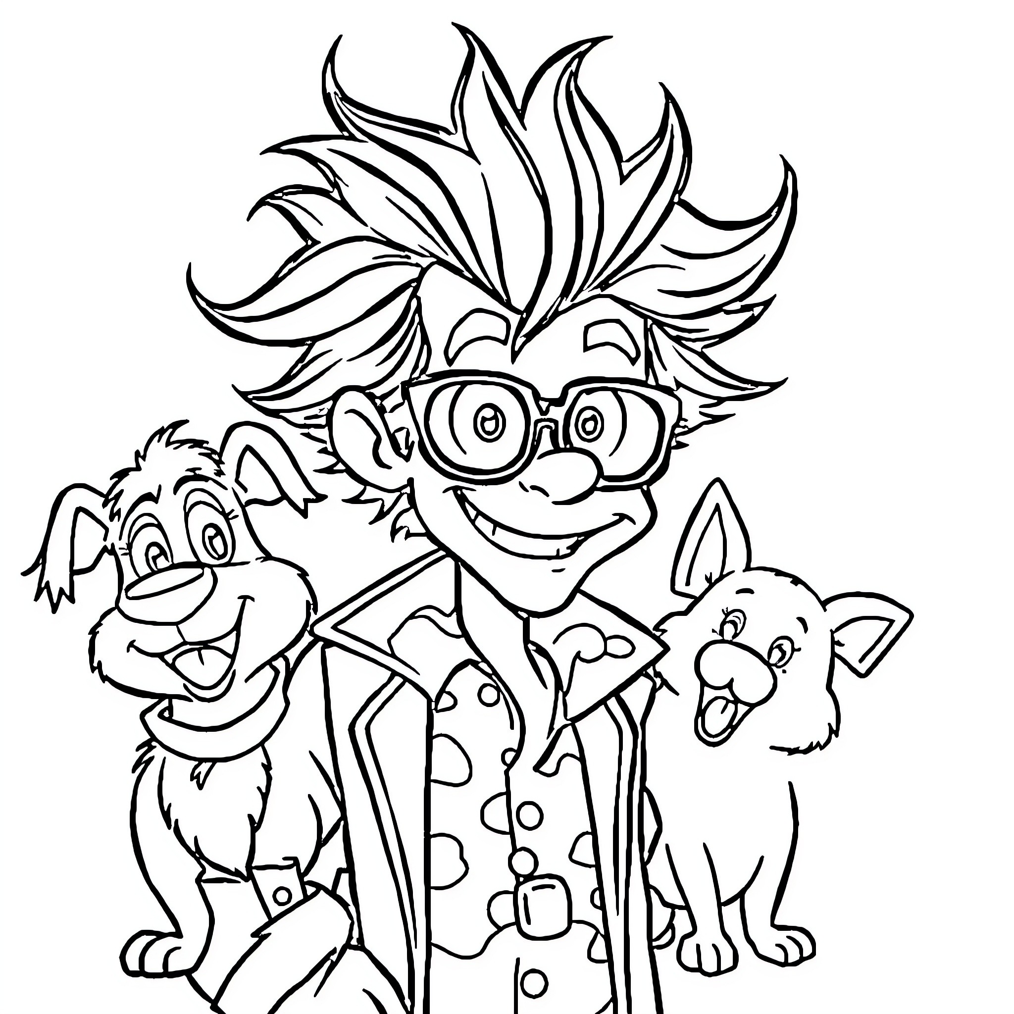 Ace Ventura and his Wacky Animal Friends Coloring Page (free black-and-white line drawing printable PDF for all, from beginners to advanced learners, including children, teens, adults, and seniors)