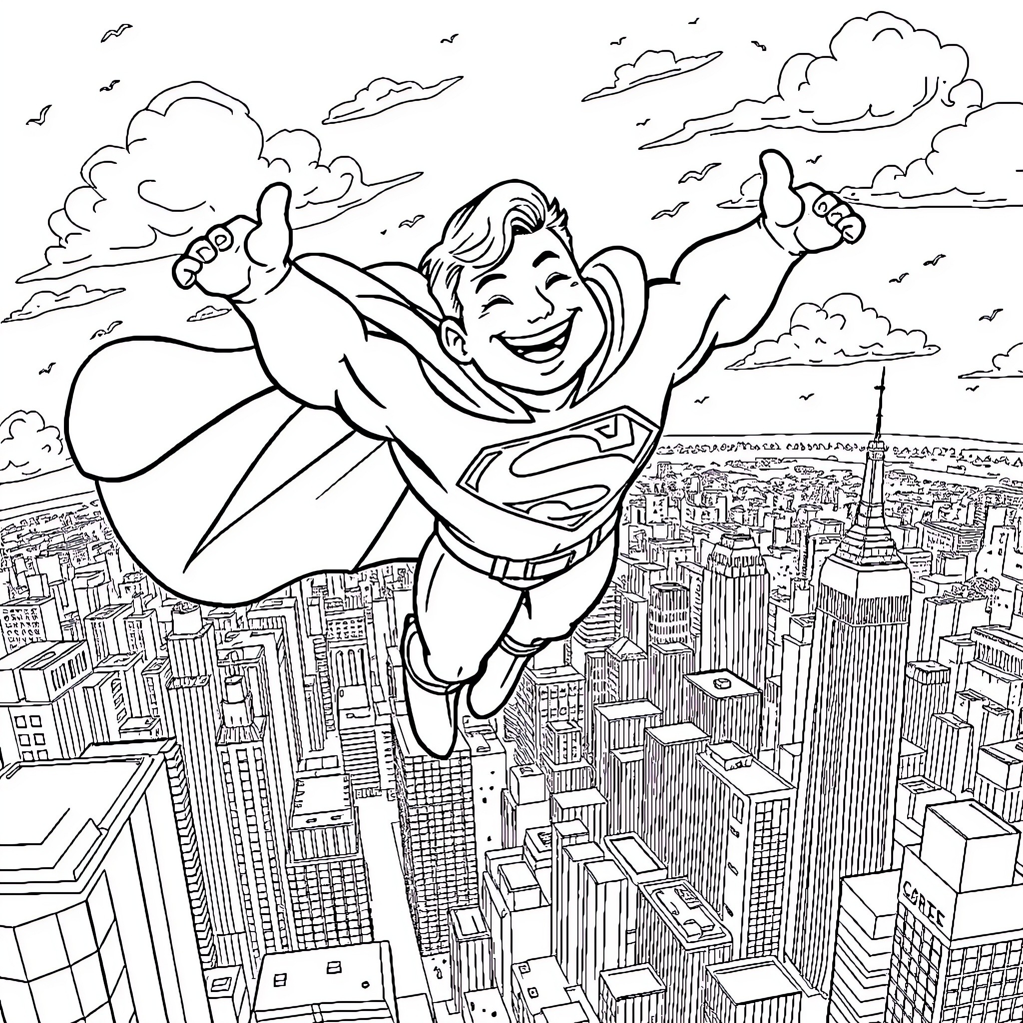 Superman soaring over the city with joy Coloring Page (free black-and-white line drawing printable PDF for all, from beginners to advanced learners, including children, teens, adults, and seniors)