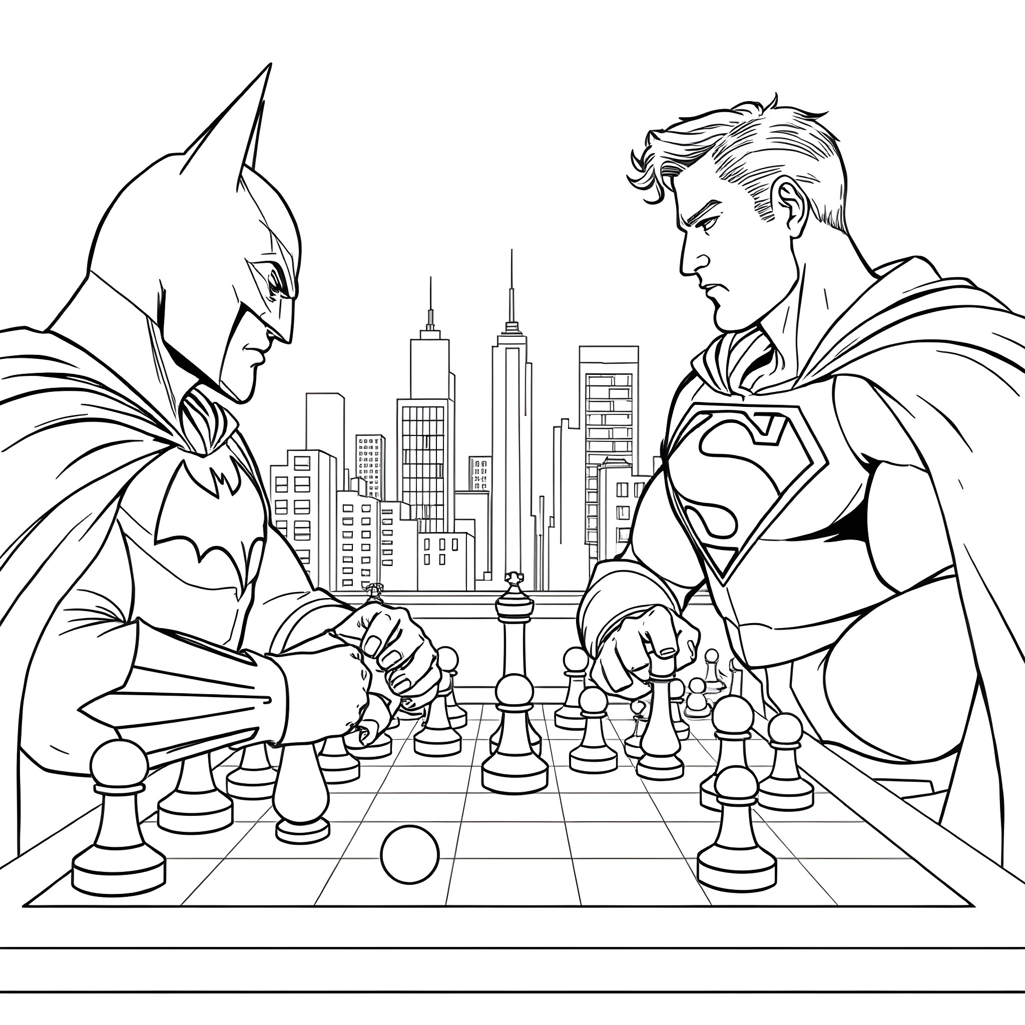 Batman and Superman playing chess in the city Coloring Page (free black-and-white line drawing printable PDF for all, from beginners to advanced learners, including children, teens, adults, and seniors)
