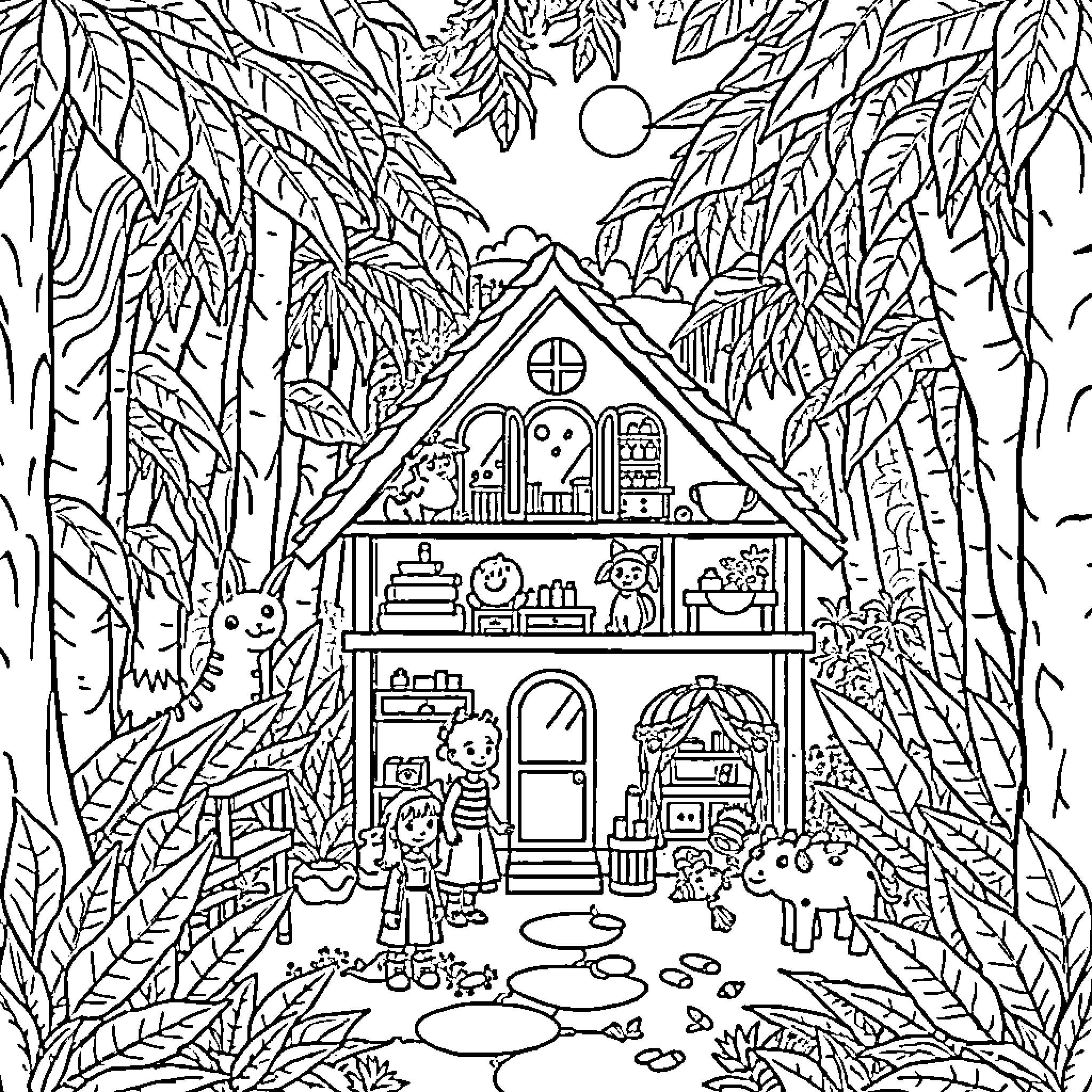 Gabby Dollhouse adventure in the forest Coloring Page (free black-and-white line drawing printable PDF for all, from beginners to advanced learners, including children, teens, adults, and seniors)