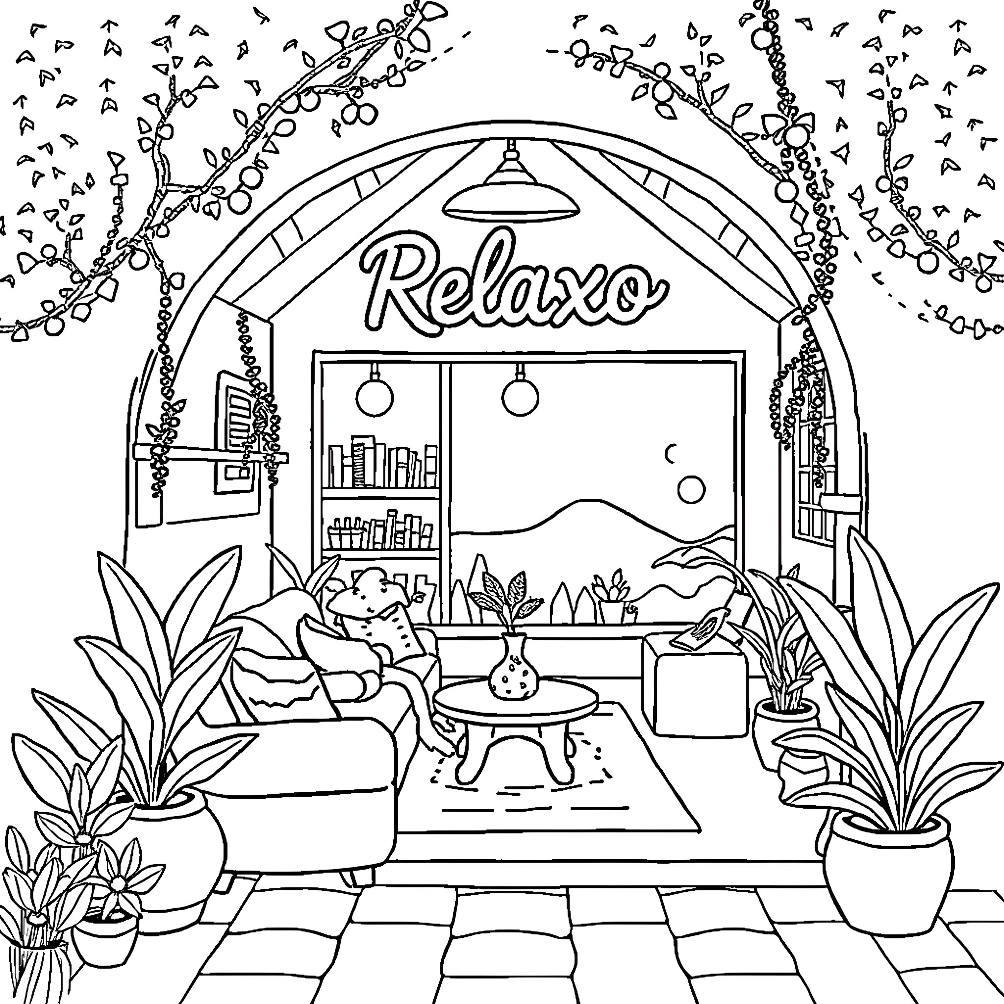 Relaxo: Cozy Reading Nook with Lush Greenery Coloring Page (free black-and-white line drawing printable PDF for all, from beginners to advanced learners, including children, teens, adults, and seniors)