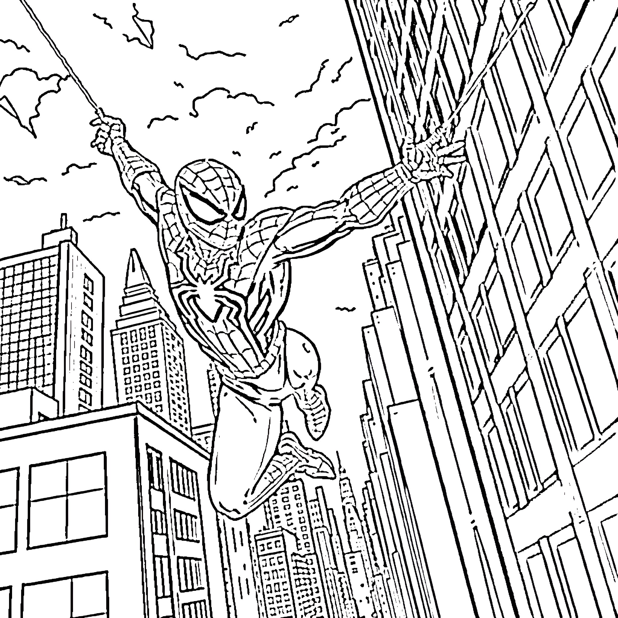 Spider Hero Swinging through the City Coloring Page (free black-and-white line drawing printable PDF for all, from beginners to advanced learners, including children, teens, adults, and seniors)