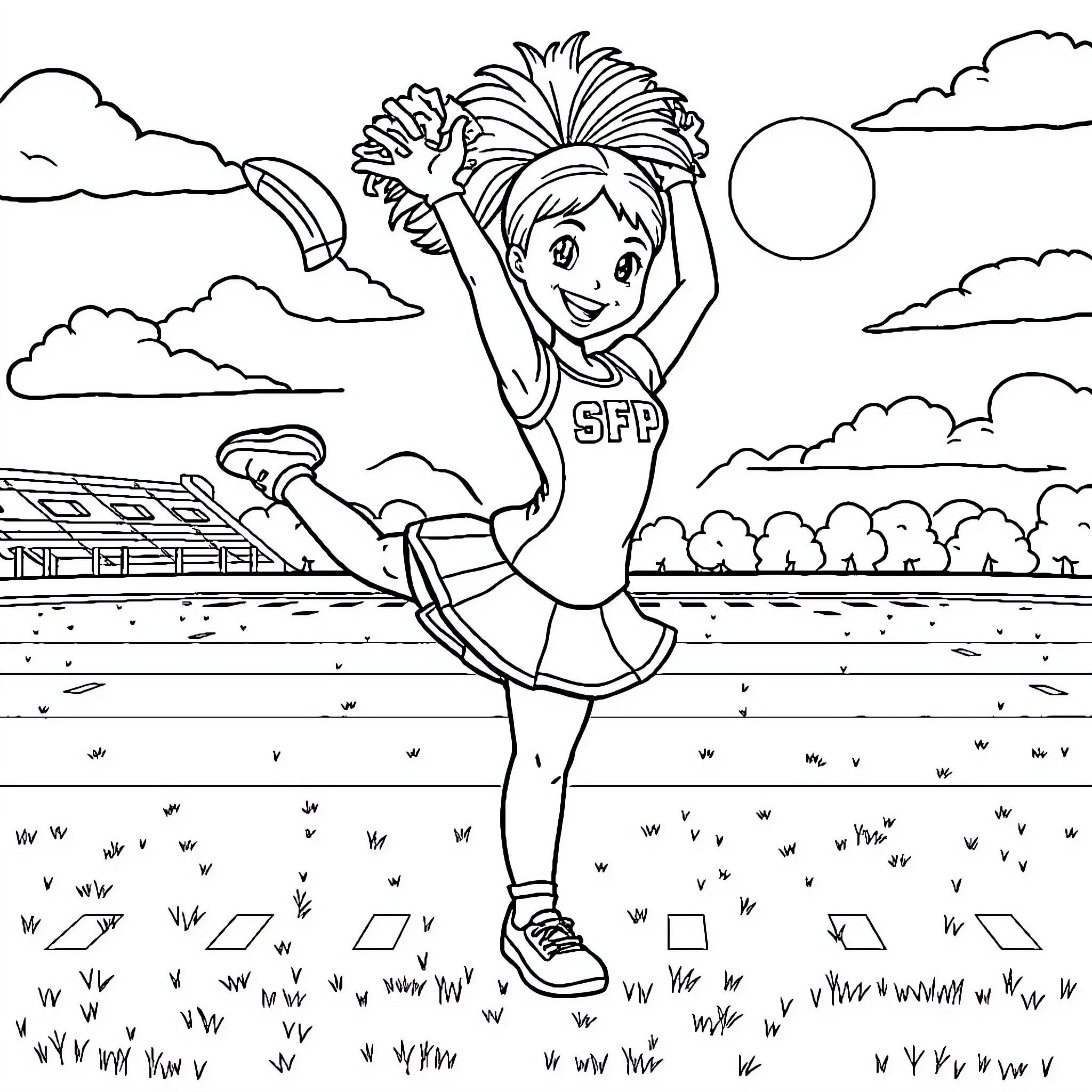 Cheerleader performing energetic routine on field Coloring Page (free black-and-white line drawing printable PDF for all, from beginners to advanced learners, including children, teens, adults, and seniors)
