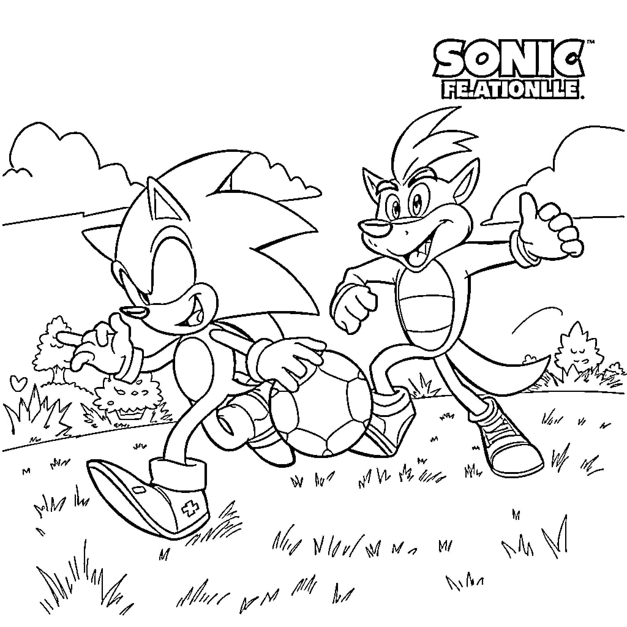 Sonic and Tails playing together in nature Coloring Page (free black-and-white line drawing printable PDF for all, from beginners to advanced learners, including children, teens, adults, and seniors)