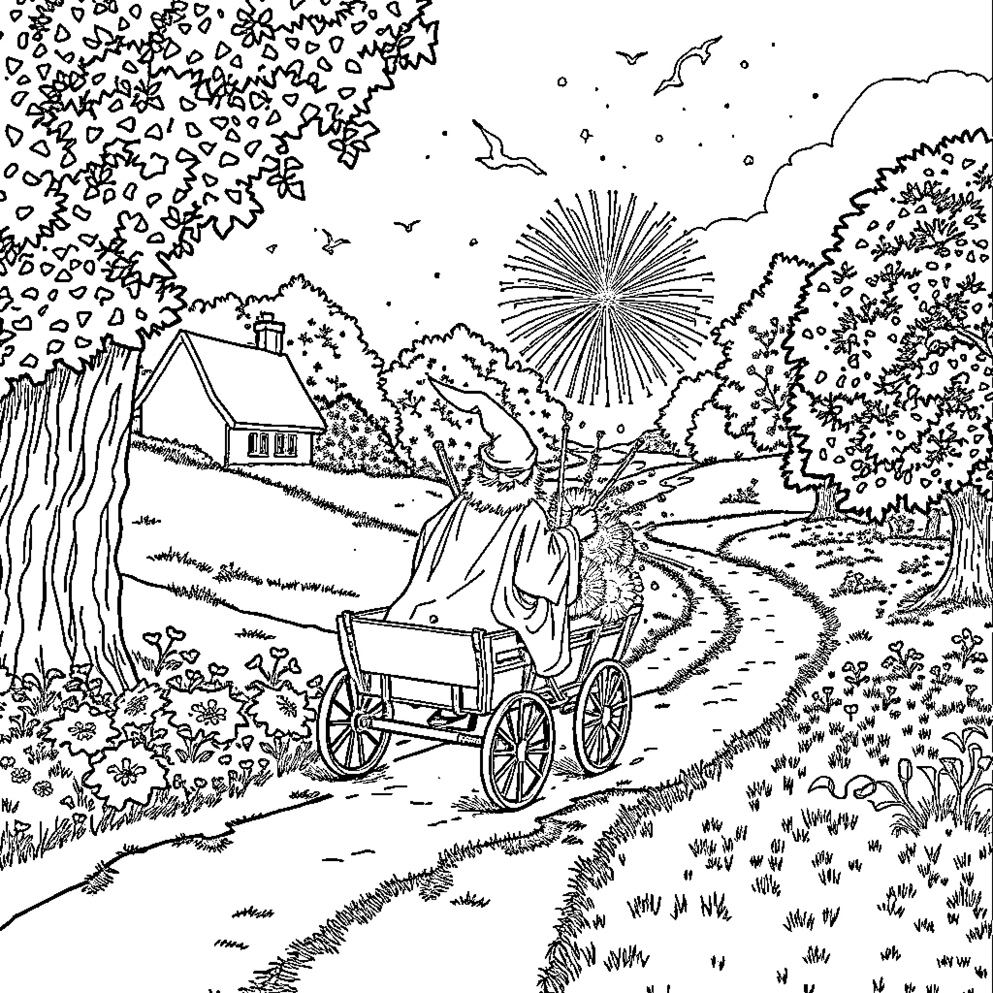 Gandalf's Enchanted Woodland Journey Coloring Page (free black-and-white line drawing printable PDF for all, from beginners to advanced learners, including children, teens, adults, and seniors)