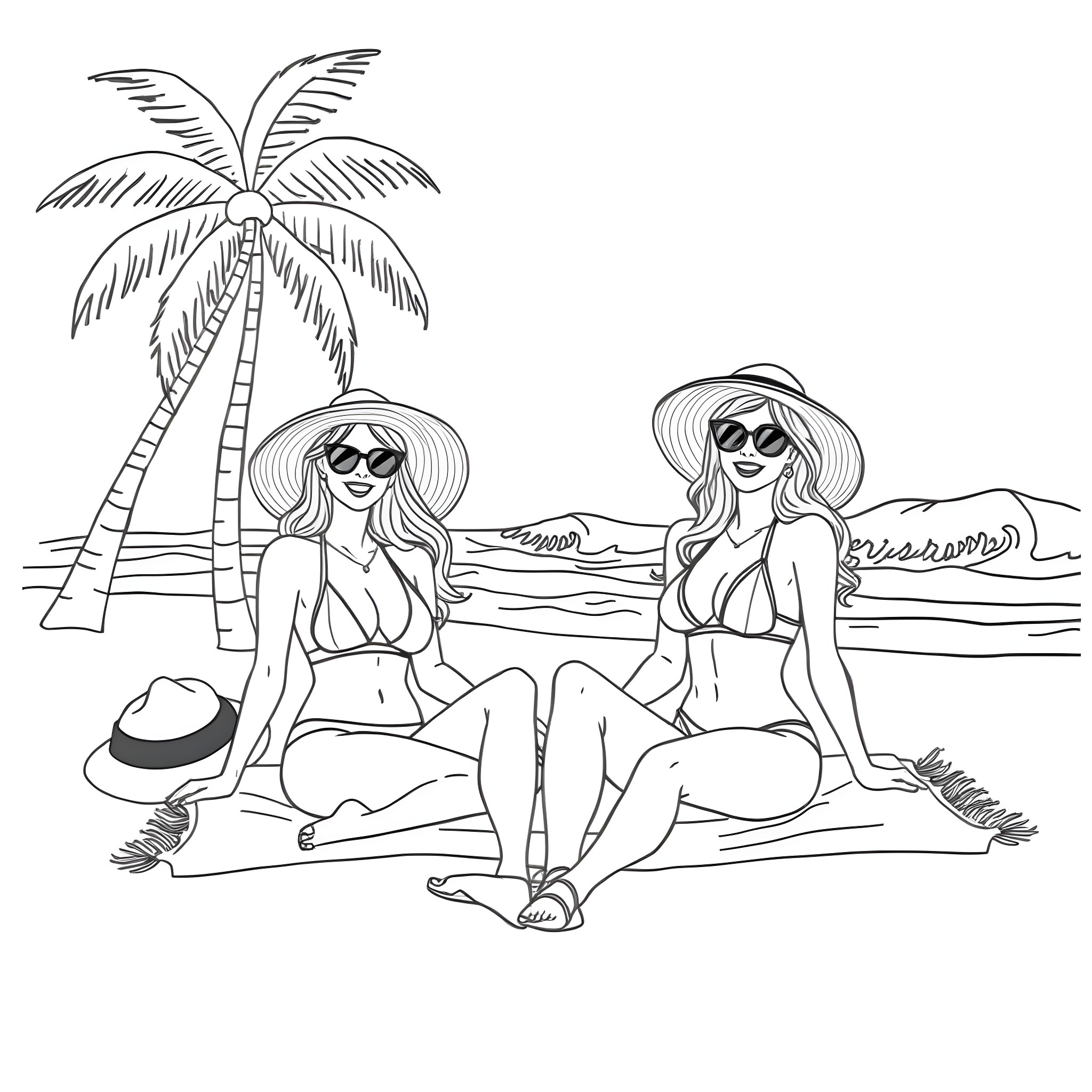 Girls relaxing on the beach under palm trees Coloring Page (free black-and-white line drawing printable PDF for all, from beginners to advanced learners, including children, teens, adults, and seniors)