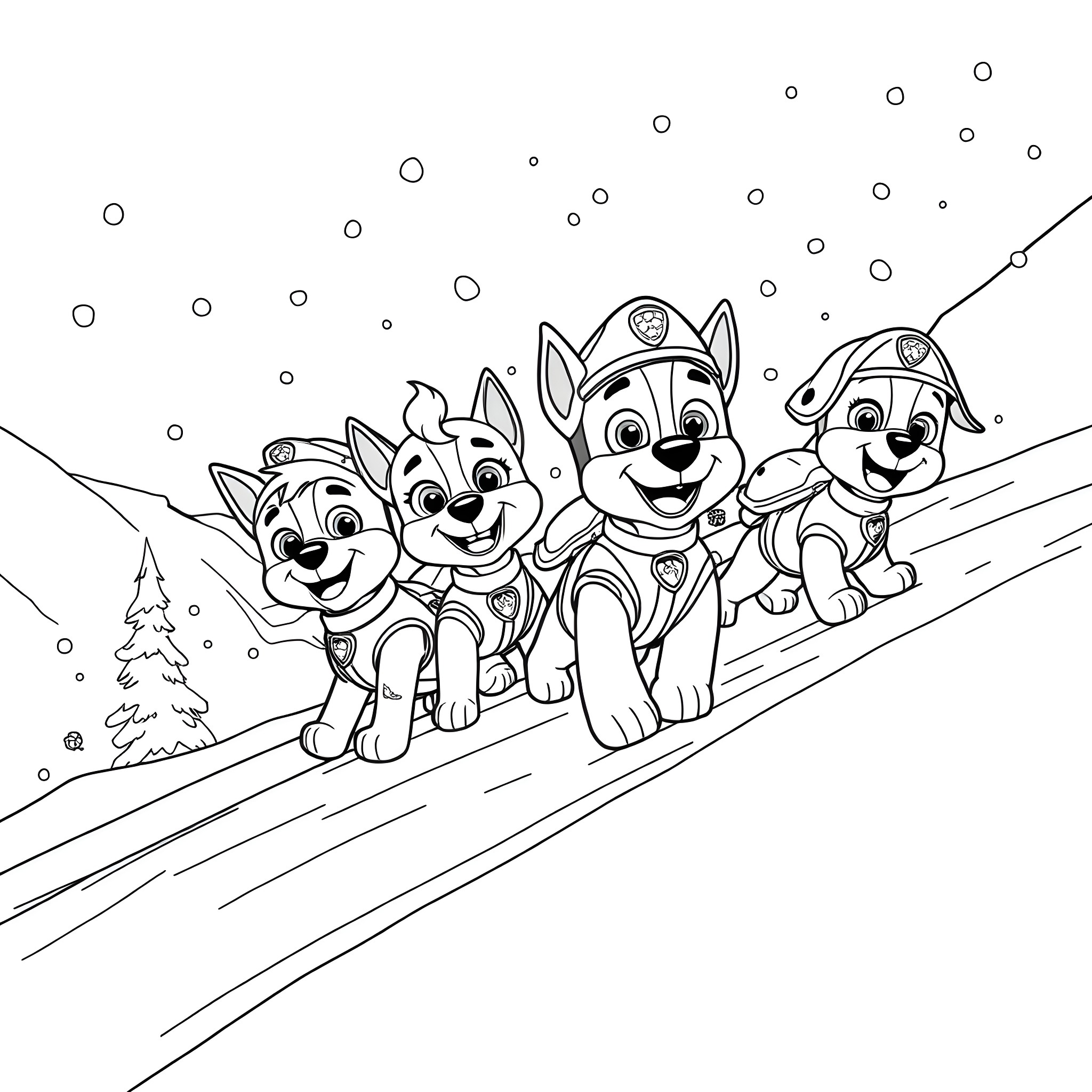 Paw Patrol team on a snowy adventure Coloring Page (free black-and-white line drawing printable PDF for all, from beginners to advanced learners, including children, teens, adults, and seniors)