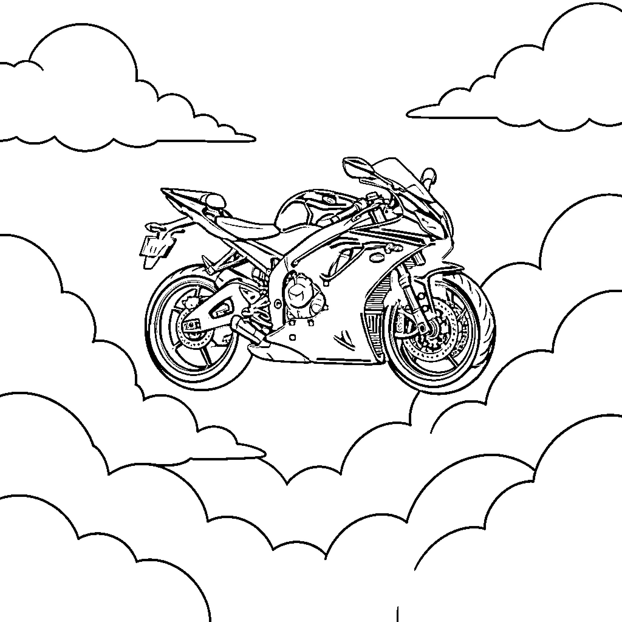 Moto racing through the cloudy skies Coloring Page (free black-and-white line drawing printable PDF for all, from beginners to advanced learners, including children, teens, adults, and seniors)