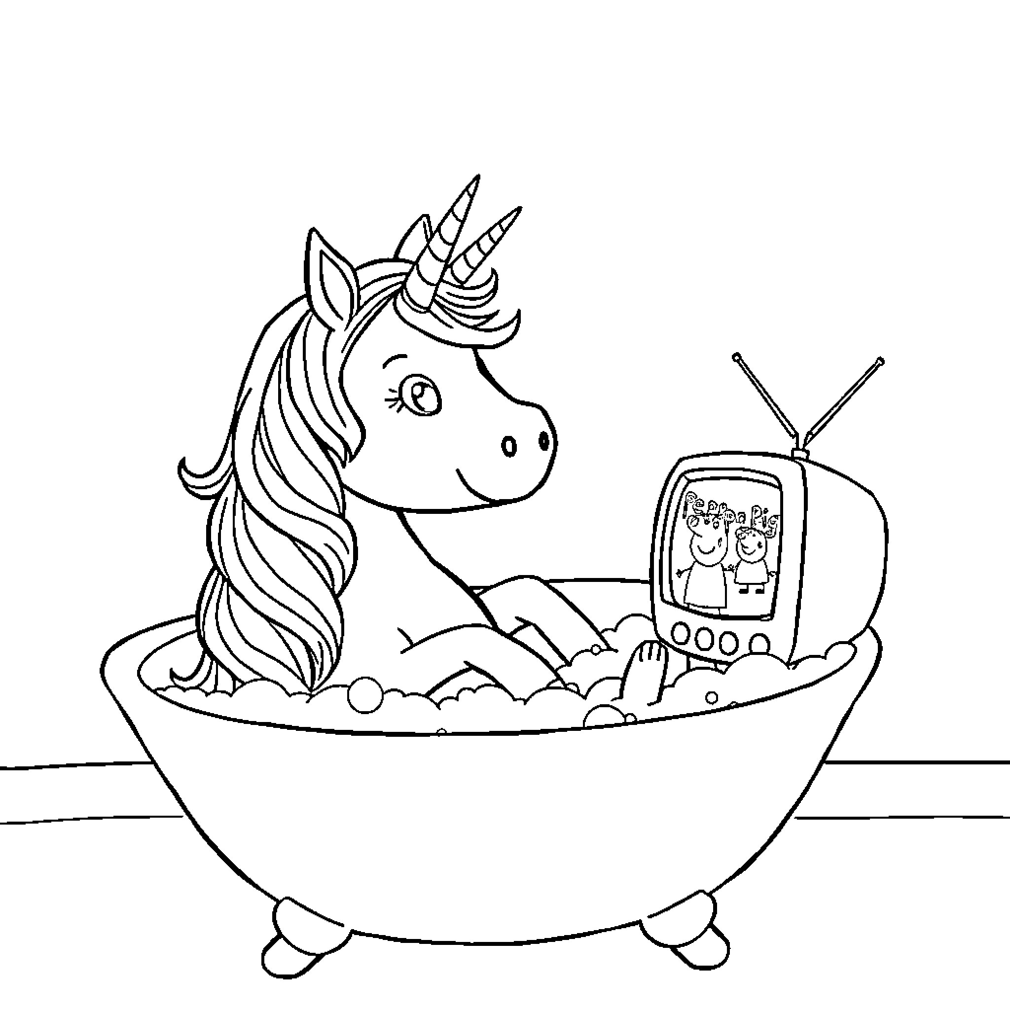 Unicorn relaxing in a whimsical bath Coloring Page (free black-and-white line drawing printable PDF for all, from beginners to advanced learners, including children, teens, adults, and seniors)