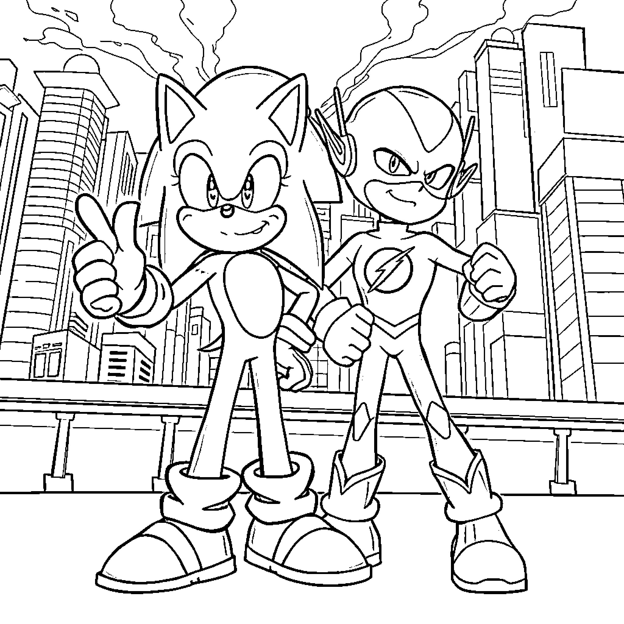 Sonic and Knuckles in the City Coloring Page (free black-and-white line drawing printable PDF for all, from beginners to advanced learners, including children, teens, adults, and seniors)