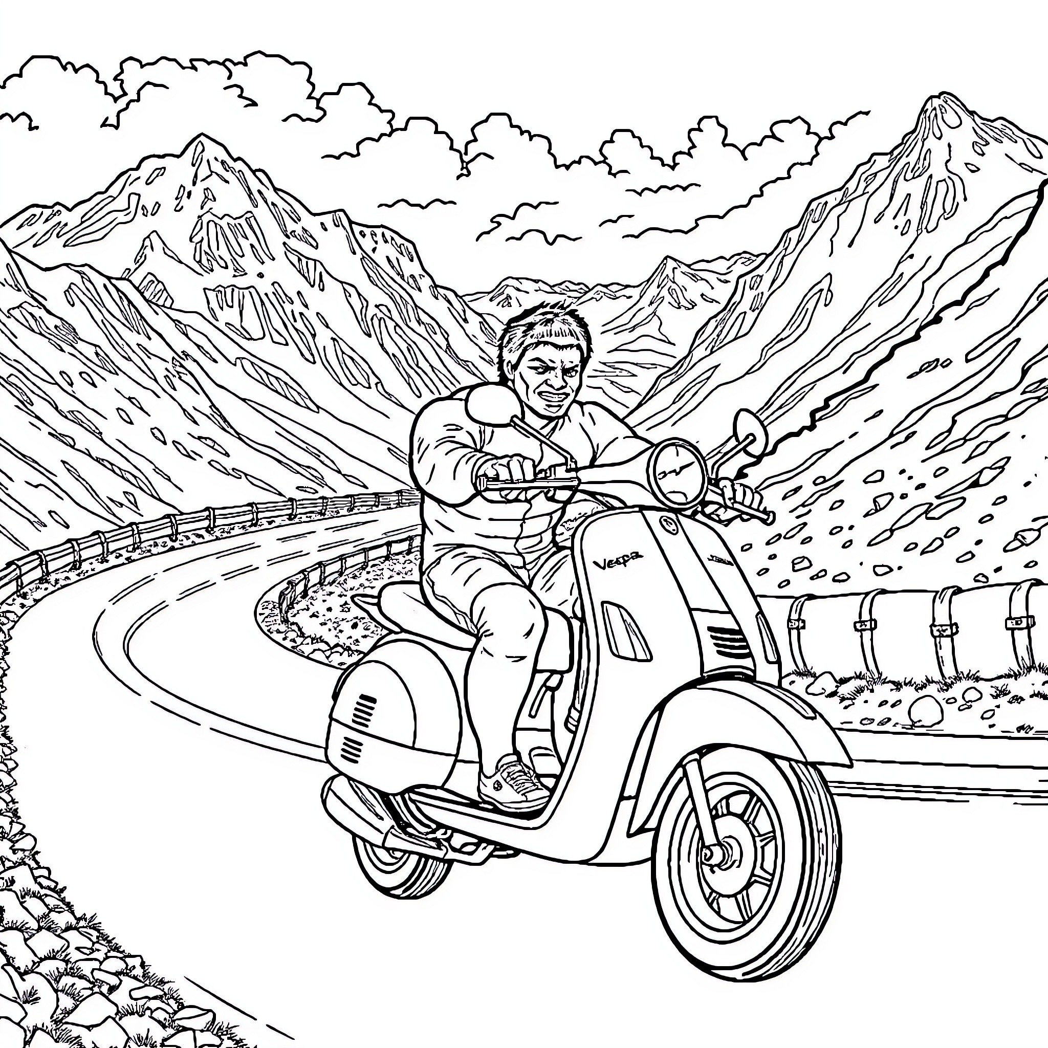 Hulk riding a scooter through a mountainous landscape Coloring Page (free black-and-white line drawing printable PDF for all, from beginners to advanced learners, including children, teens, adults, and seniors)