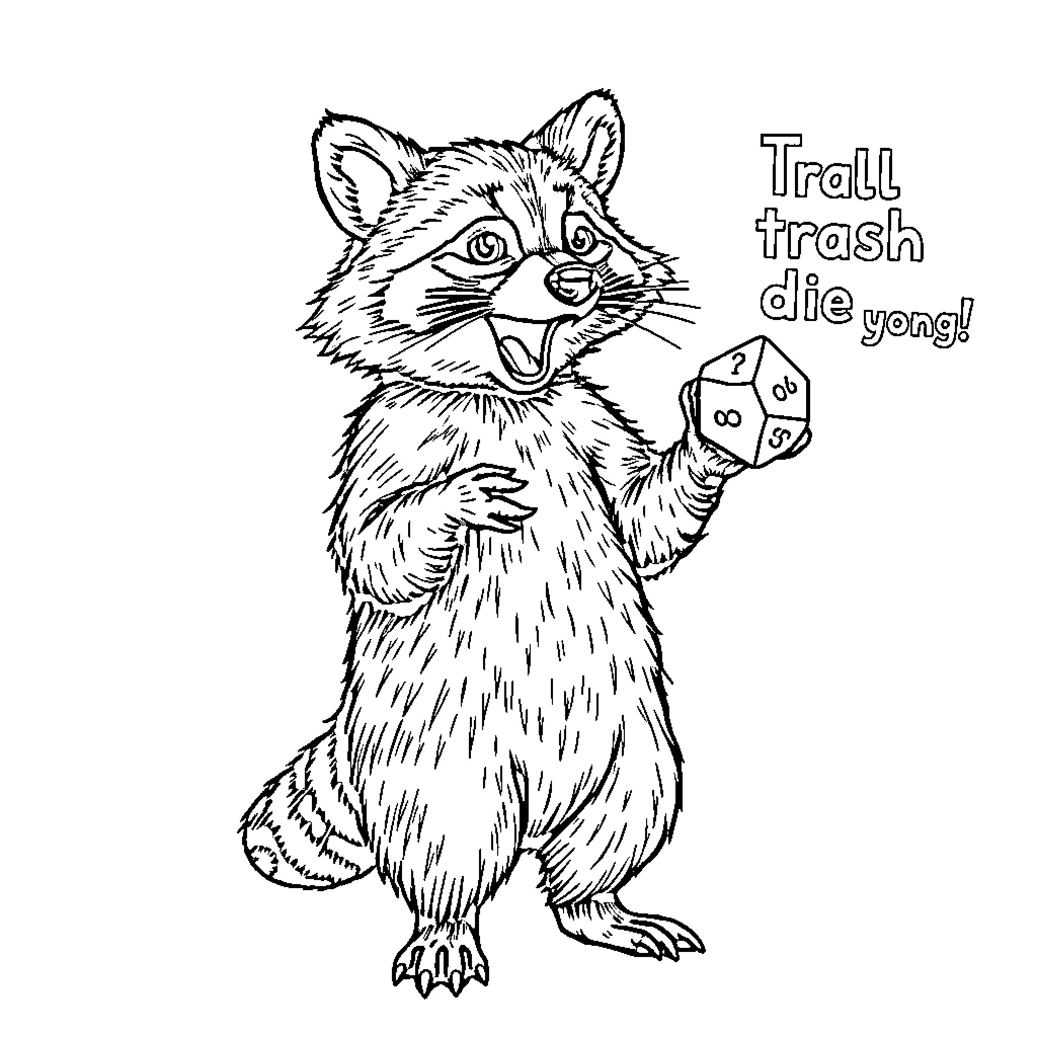 Raccoon expressing enthusiasm with a dice Coloring Page (free black-and-white line drawing printable PDF for all, from beginners to advanced learners, including children, teens, adults, and seniors)