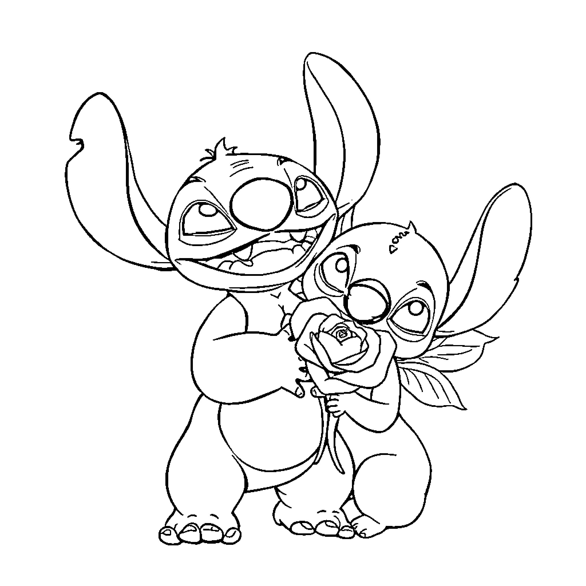 Stitch embracing a flower in playful manner Coloring Page (free black-and-white line drawing printable PDF for all, from beginners to advanced learners, including children, teens, adults, and seniors)