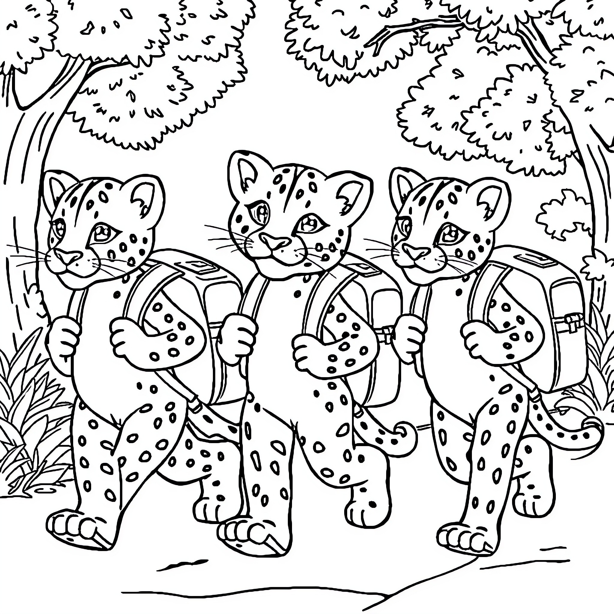 Panther family exploring the forest Coloring Page (free black-and-white line drawing printable PDF for all, from beginners to advanced learners, including children, teens, adults, and seniors)