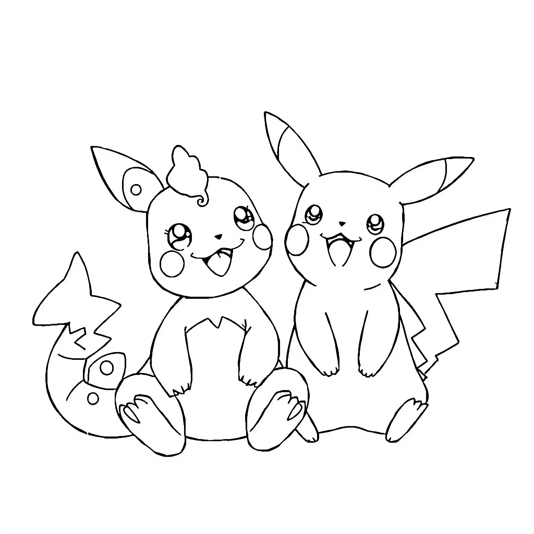 Krokmou and Pikachu playing together Coloring Page (free black-and-white line drawing printable PDF for all, from beginners to advanced learners, including children, teens, adults, and seniors)