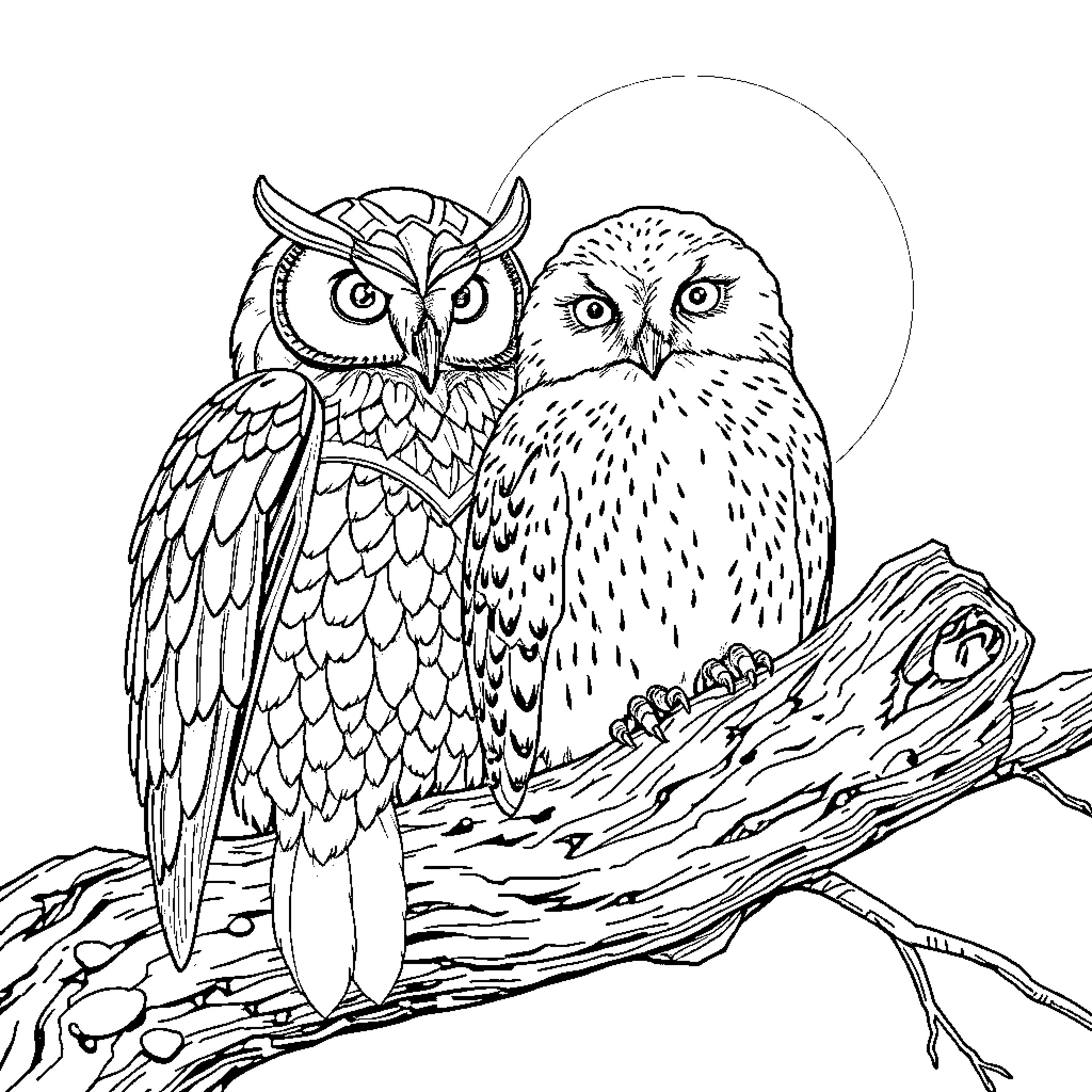 Hedwig and companion owl perched on a branch Coloring Page (free black-and-white line drawing printable PDF for all, from beginners to advanced learners, including children, teens, adults, and seniors)