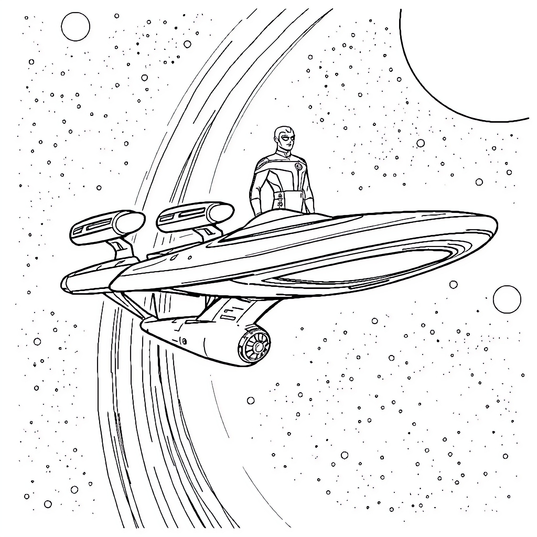 Starship soaring through the cosmic void Coloring Page (free black-and-white line drawing printable PDF for all, from beginners to advanced learners, including children, teens, adults, and seniors)