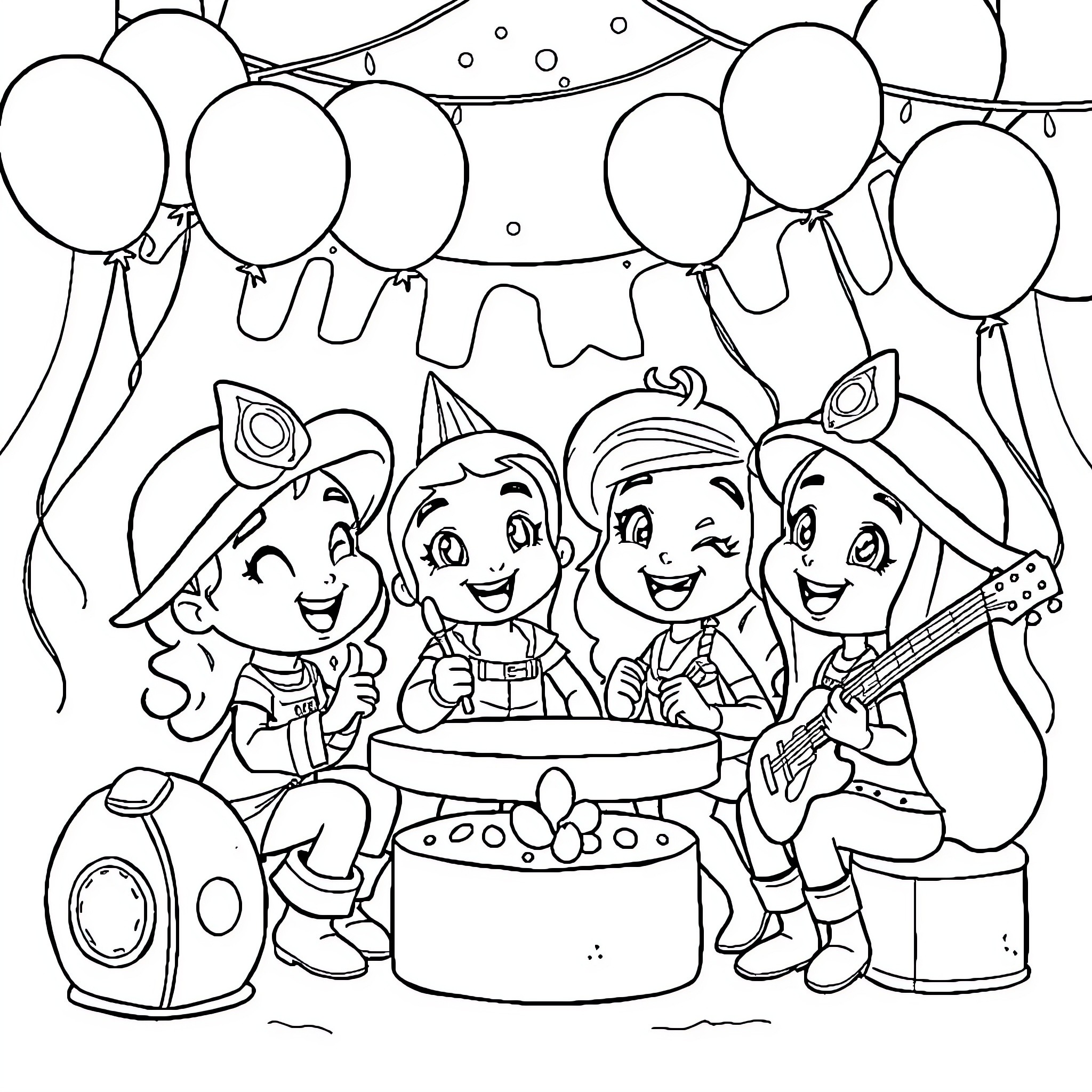 Firebuds Celebrate with Music and Balloons Coloring Page (free black-and-white line drawing printable PDF for all, from beginners to advanced learners, including children, teens, adults, and seniors)