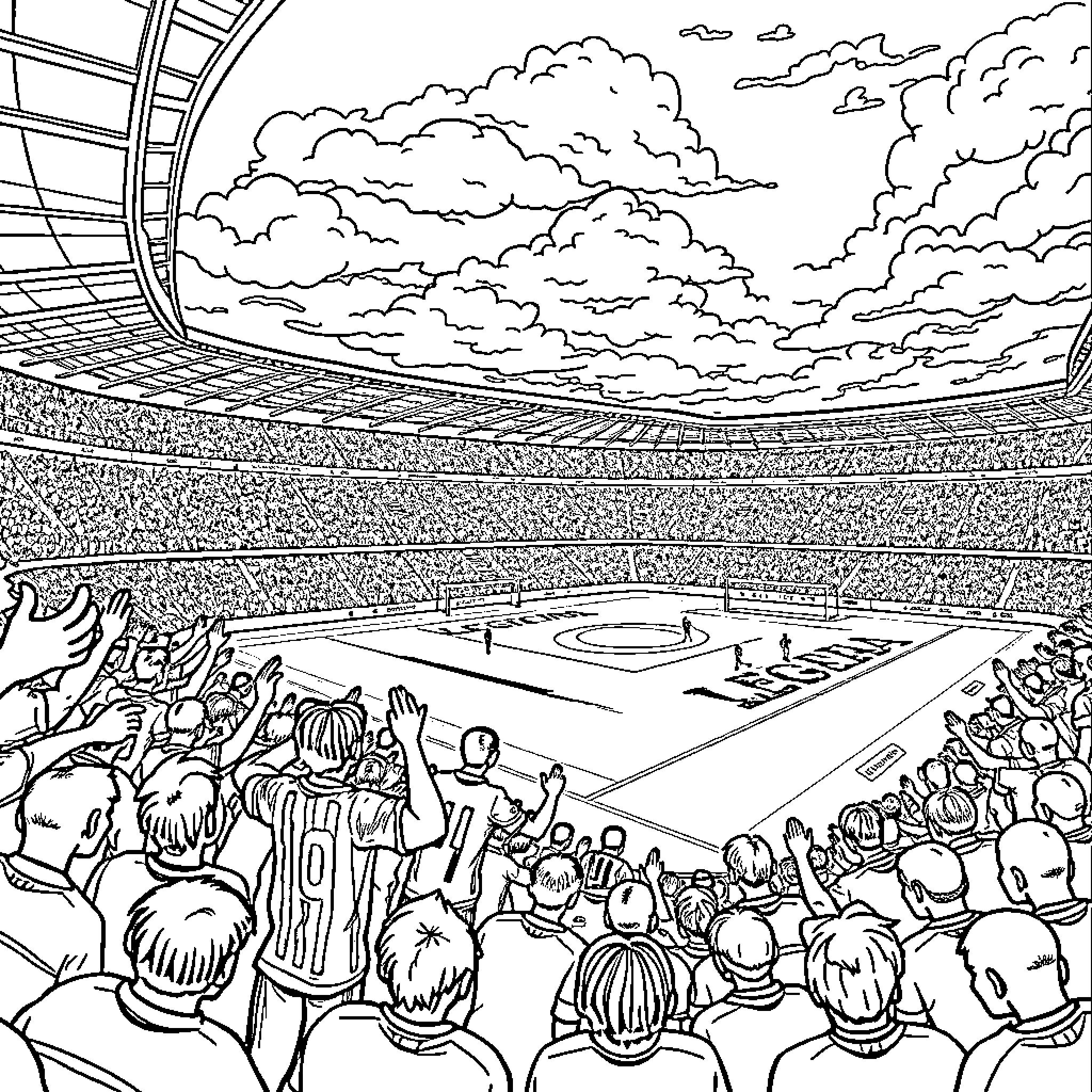 Legia Warszawa fans cheer in a packed stadium Coloring Page (free black-and-white line drawing printable PDF for all, from beginners to advanced learners, including children, teens, adults, and seniors)