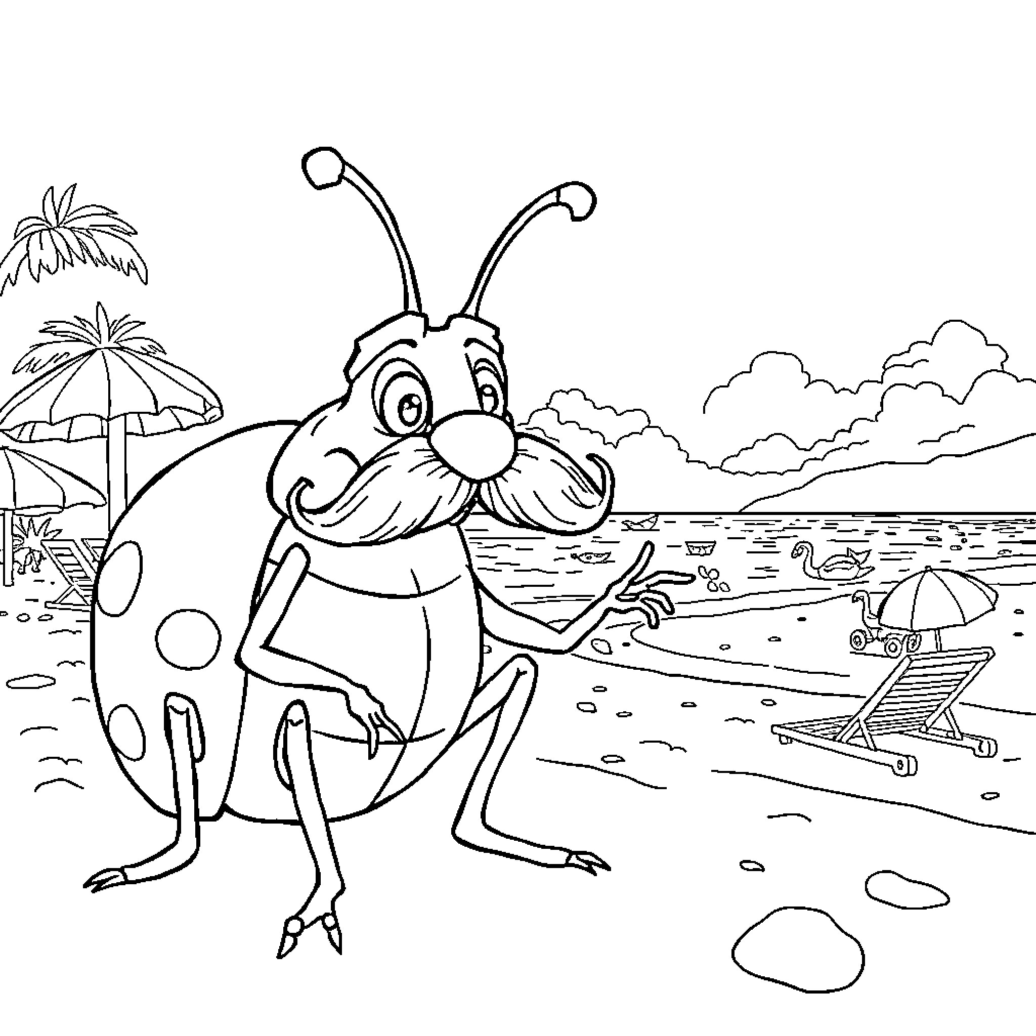 Hotel Bug Enjoying Seaside Vacation Coloring Page (free black-and-white line drawing printable PDF for all, from beginners to advanced learners, including children, teens, adults, and seniors)